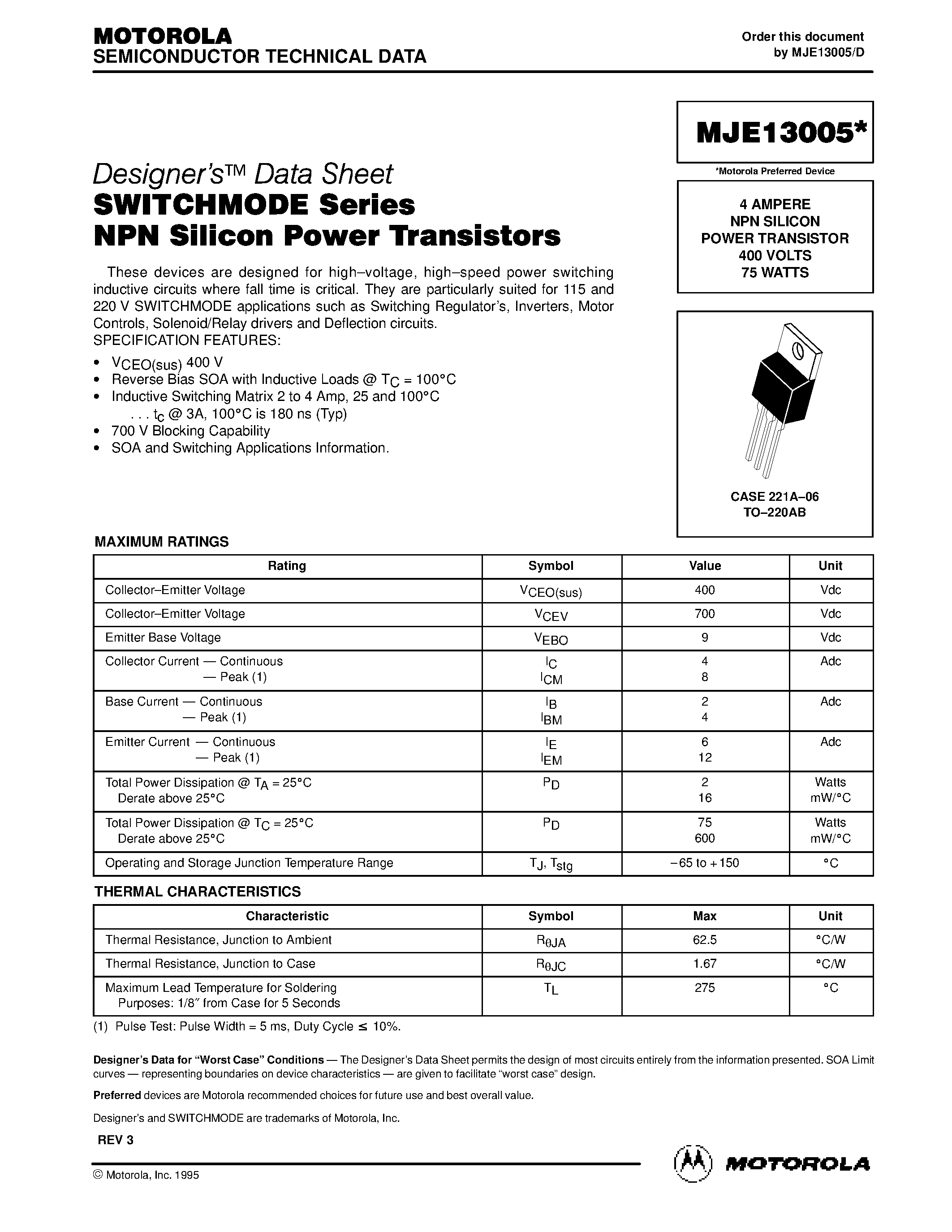 Datasheet MJE13005 - 4 AMPERE NPN SILICON POWER TRANSISTOR 400 VOLTS 75 WATTS page 1