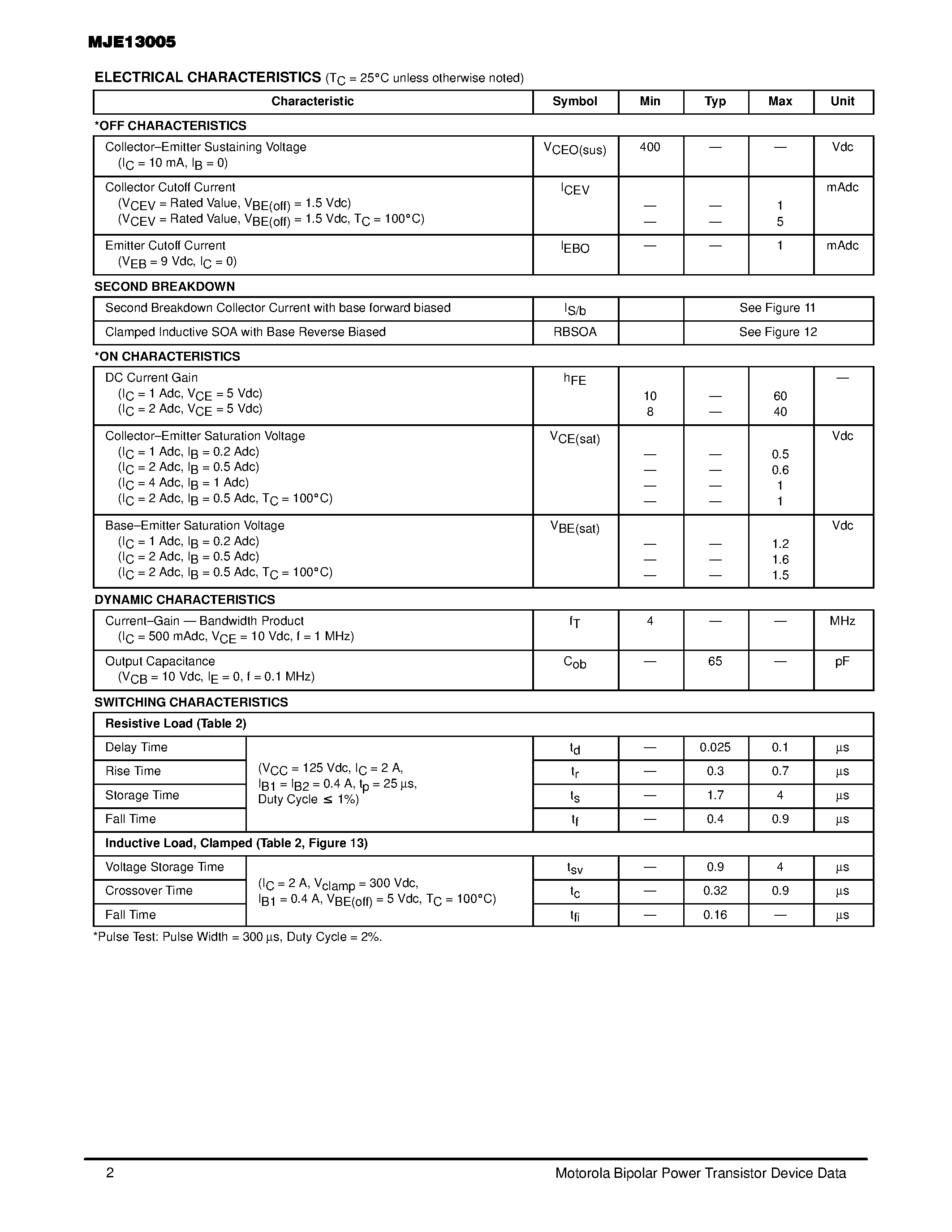 Datasheet MJE13005 - 4 AMPERE NPN SILICON POWER TRANSISTOR 400 VOLTS 75 WATTS page 2