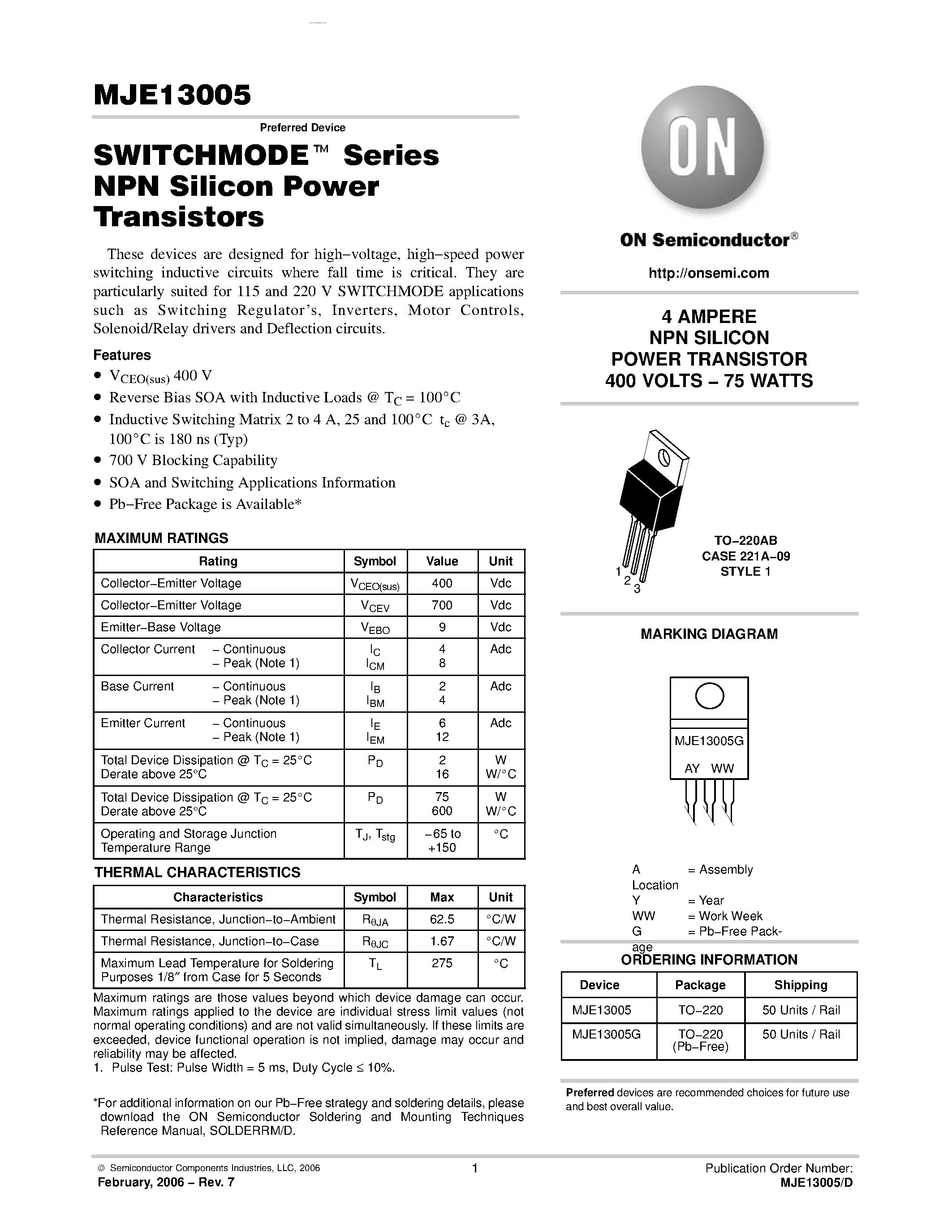 Даташит MJE13005 - NPN SILICON POWER TRANSISTOR страница 1