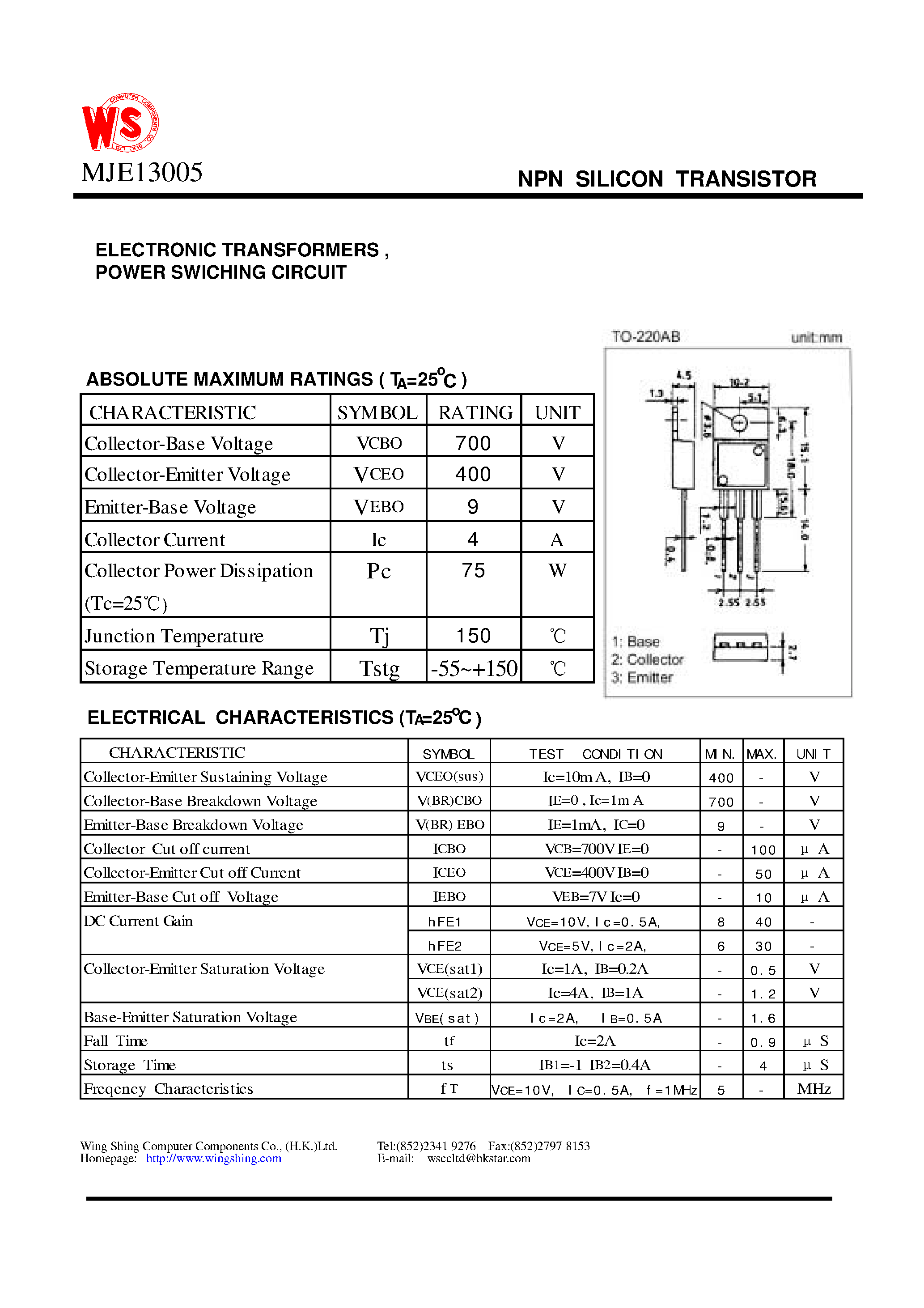 Datasheet MJE13005 - NPN SILICON TRANSISTOR(ELECTRONIC TRANSFORMERS / POWER SWICHING CIRCUIT) page 1