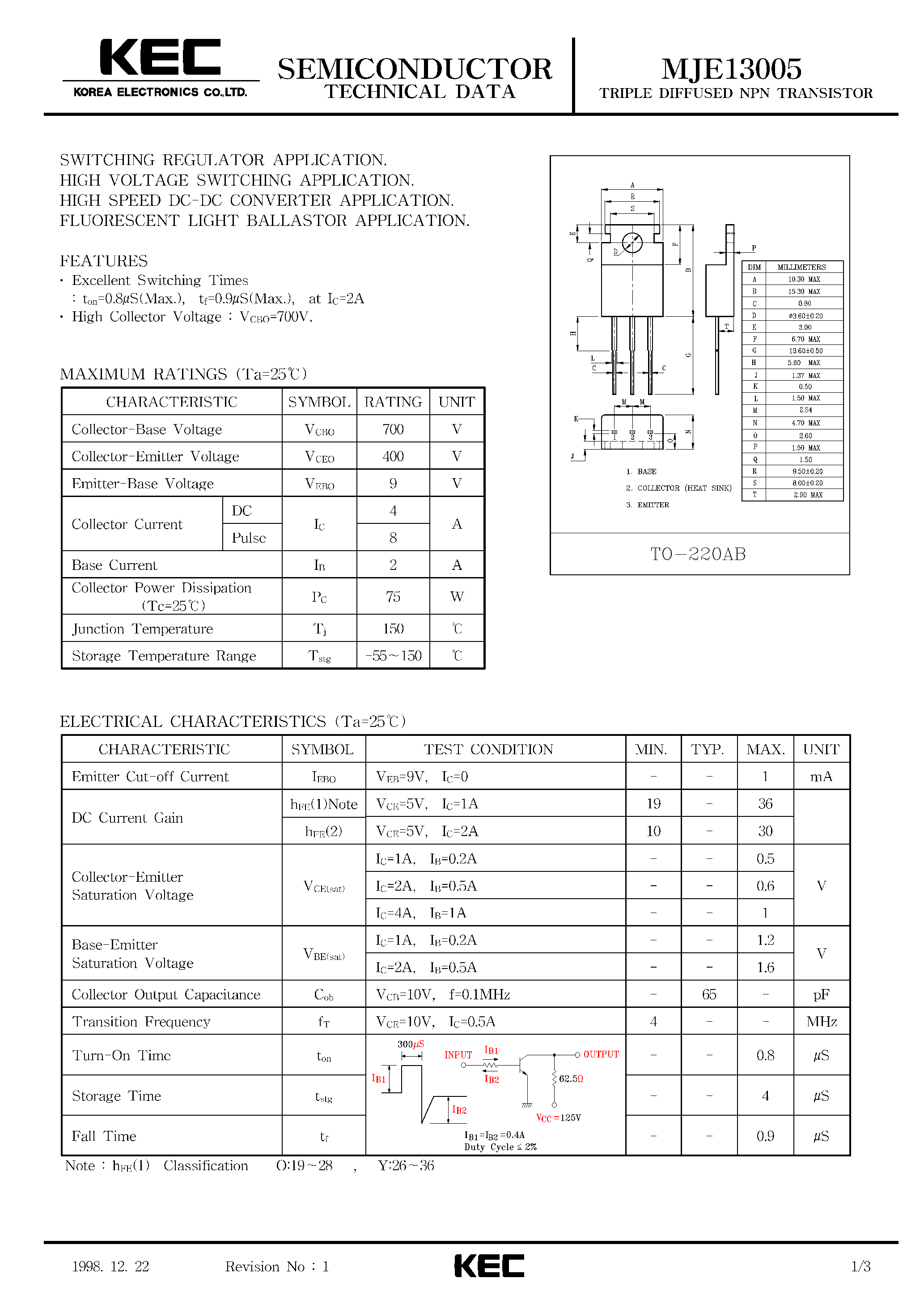 Даташит MJE13005 - TRIPLE DIFFUSED NPN TRANSISTOR (SWITCHING REGULATOR / HIGH VOLTAGE SWITCHING / HIGH SPEED DC-DC CONVERTER / FLUORESCENT LIGHT BALLSTOR) страница 1