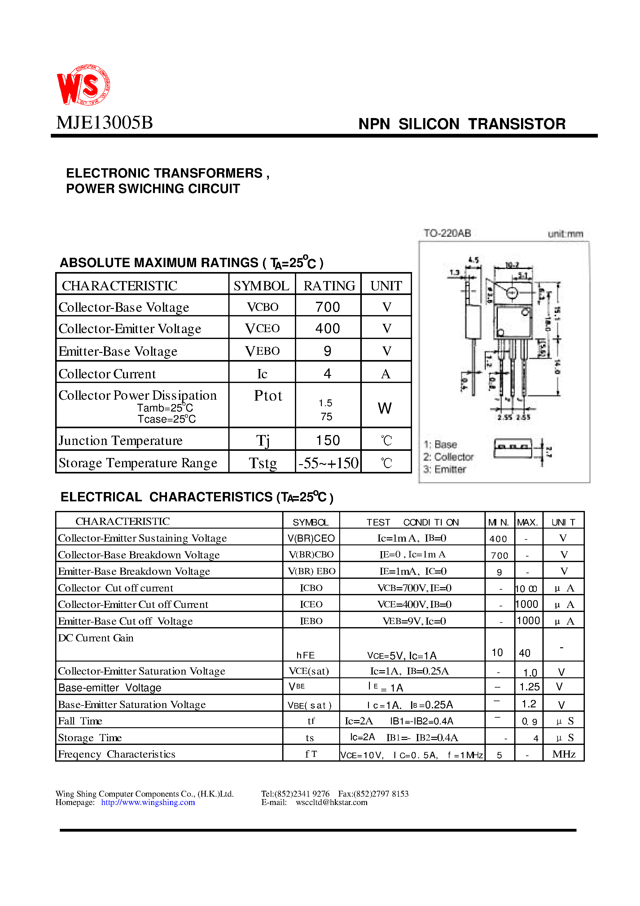 Даташит MJE13005B - NPN SILICON TRANSISTOR(ELECTRONIC TRANSFORMERS / POWER SWICHING CIRCUIT) страница 1