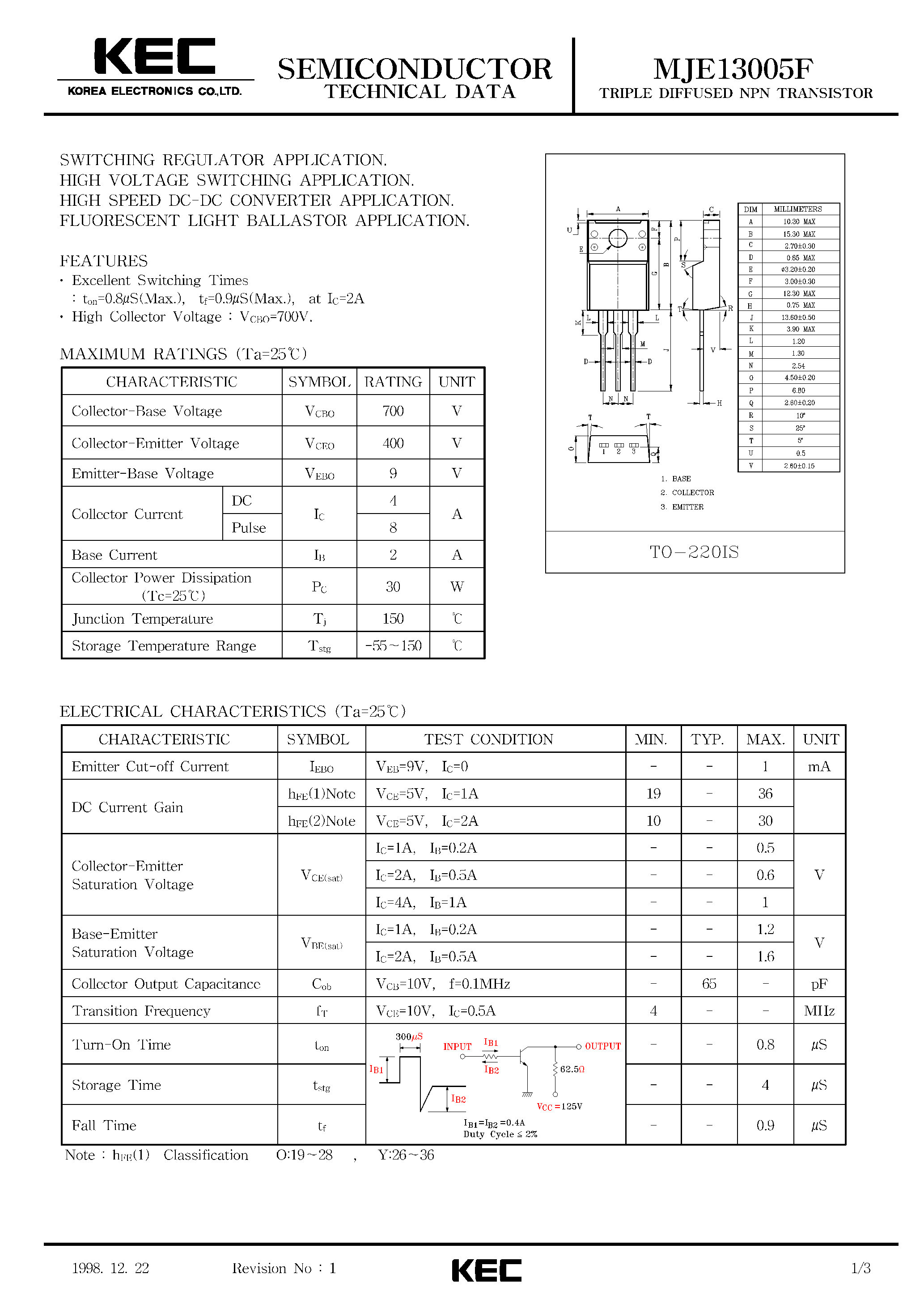 Datasheet MJE13005F - TRIPLE DIFFUSED NPN TRANSISTOR (SWITCHING REGULATOR / HIGH VOLTAGE SWITCHING / HIGH SPEED DC-DC CONVERTER / FLUORESCENT LIGHT BALLSTOR) page 1