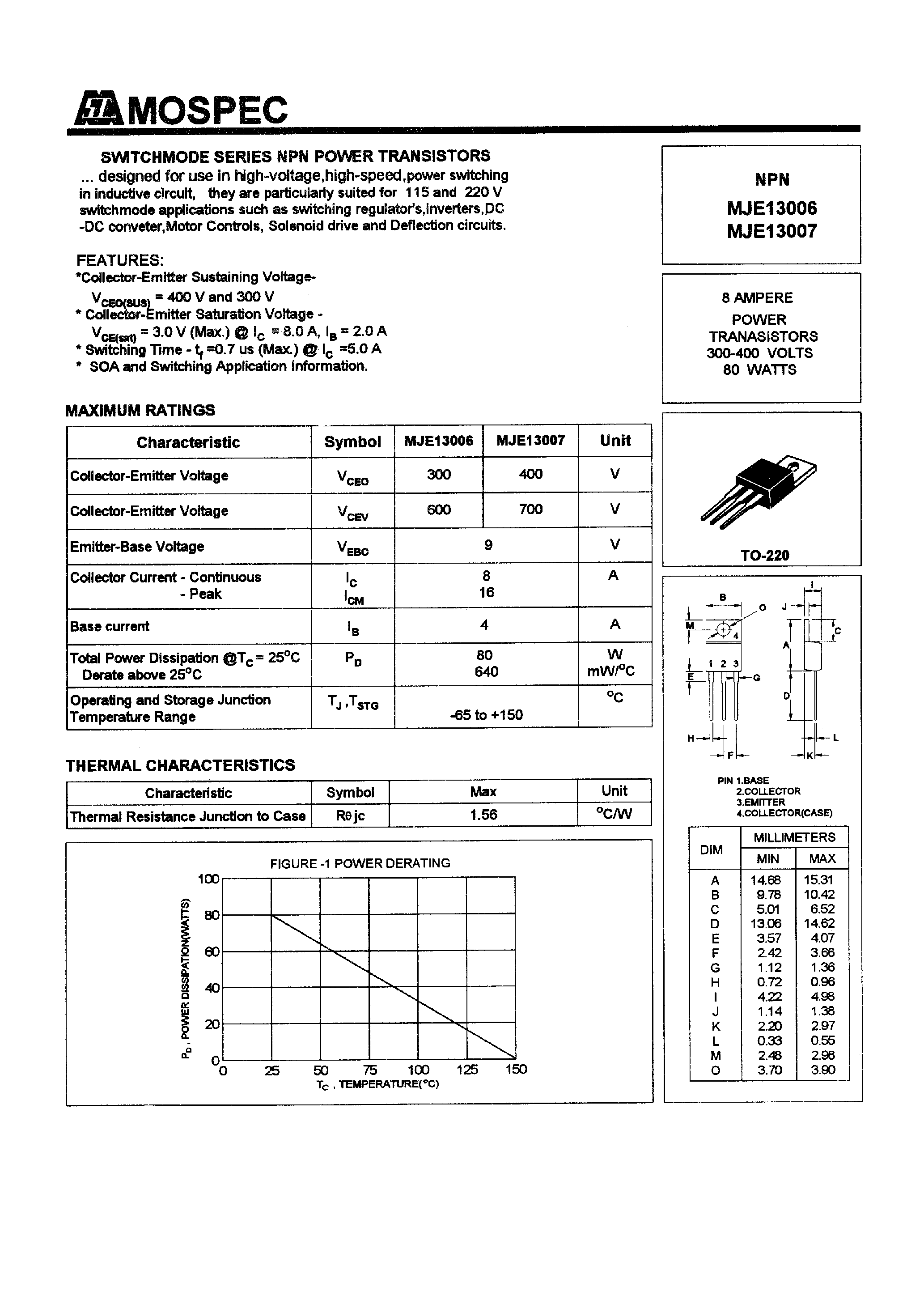 Datasheet MJE13006 - POWER TRANSISTORS(8A /300-400V /80W) page 1