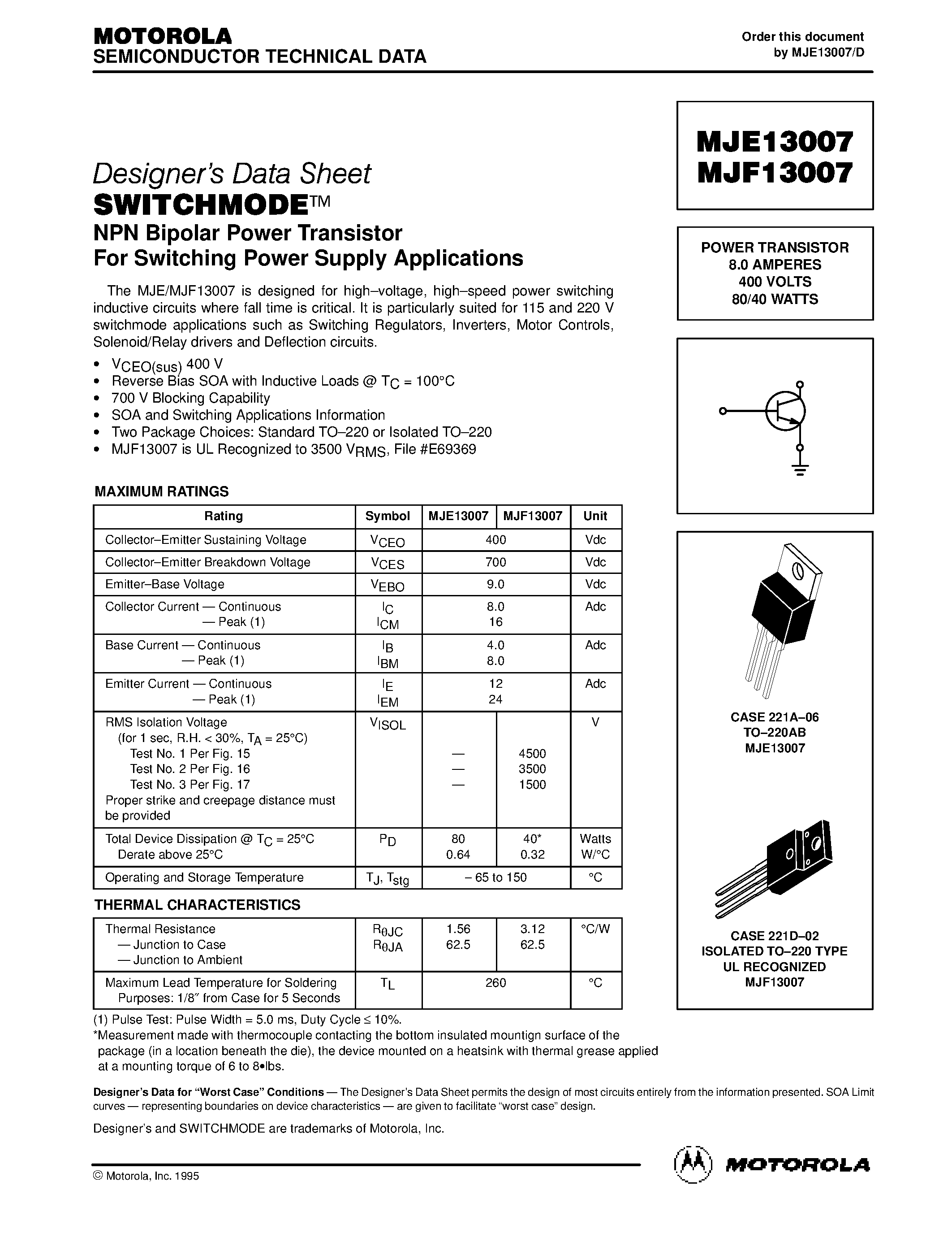 Даташит MJE13007 - POWER TRANSISTOR 8.0 AMPERES 400 VOLTS 80/40 WATTS страница 1