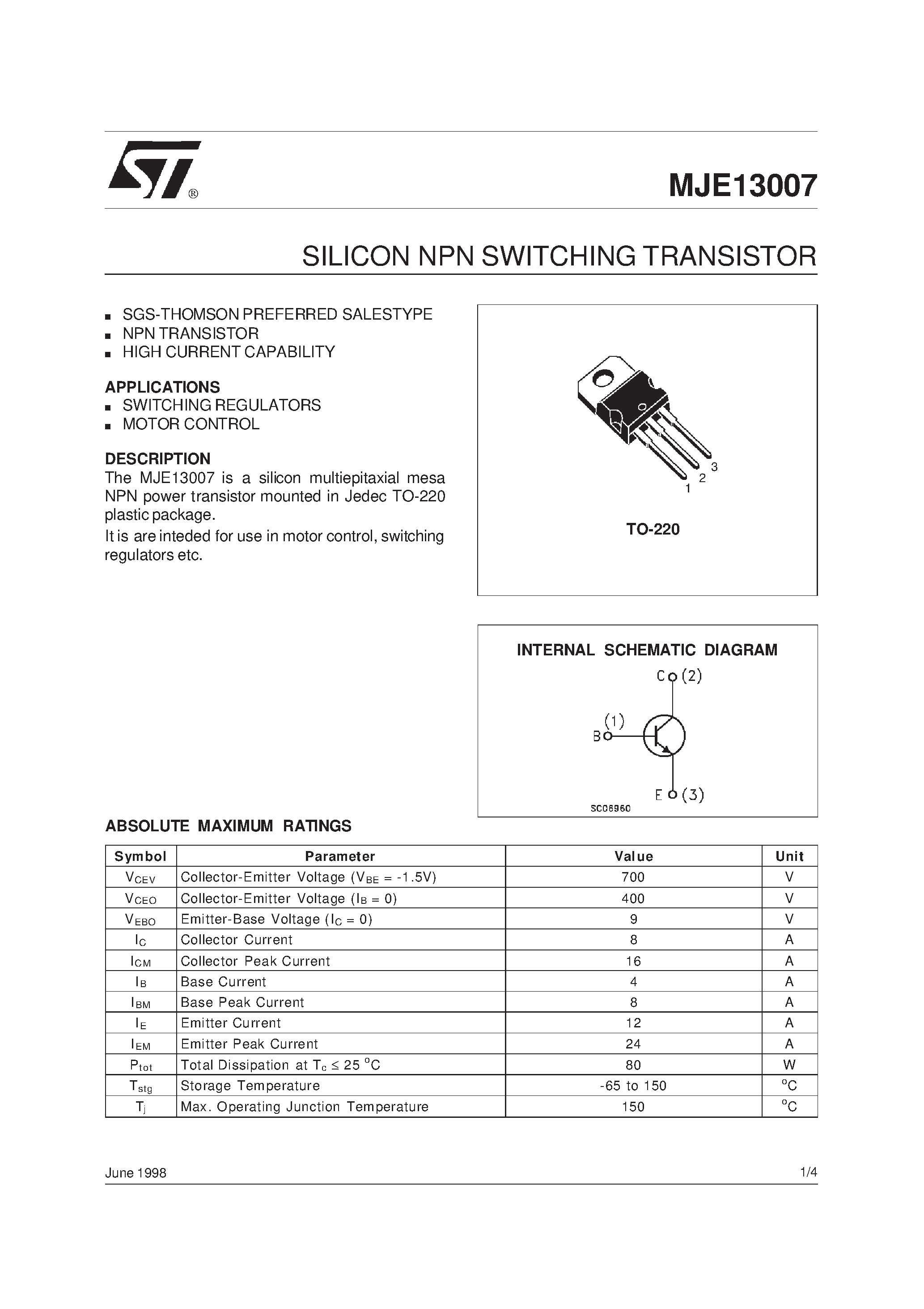 Даташит MJE13007 - SILICON NPN SWITCHING TRANSISTOR страница 1