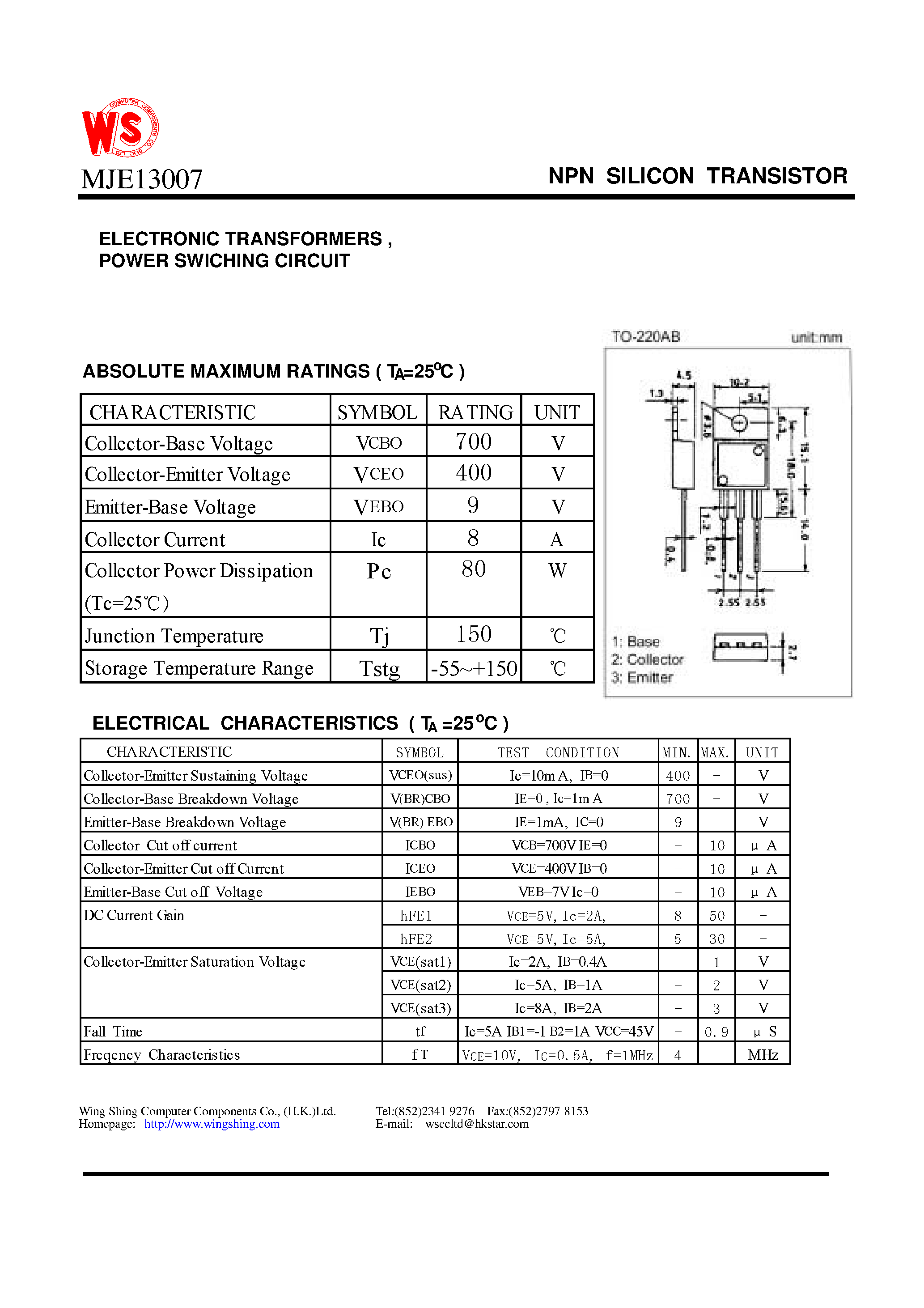 Даташит MJE13007 - NPN SILICON TRANSISTOR(ELECTRONIC TRANSFORMERS / POWER SWICHING CIRCUIT) страница 1