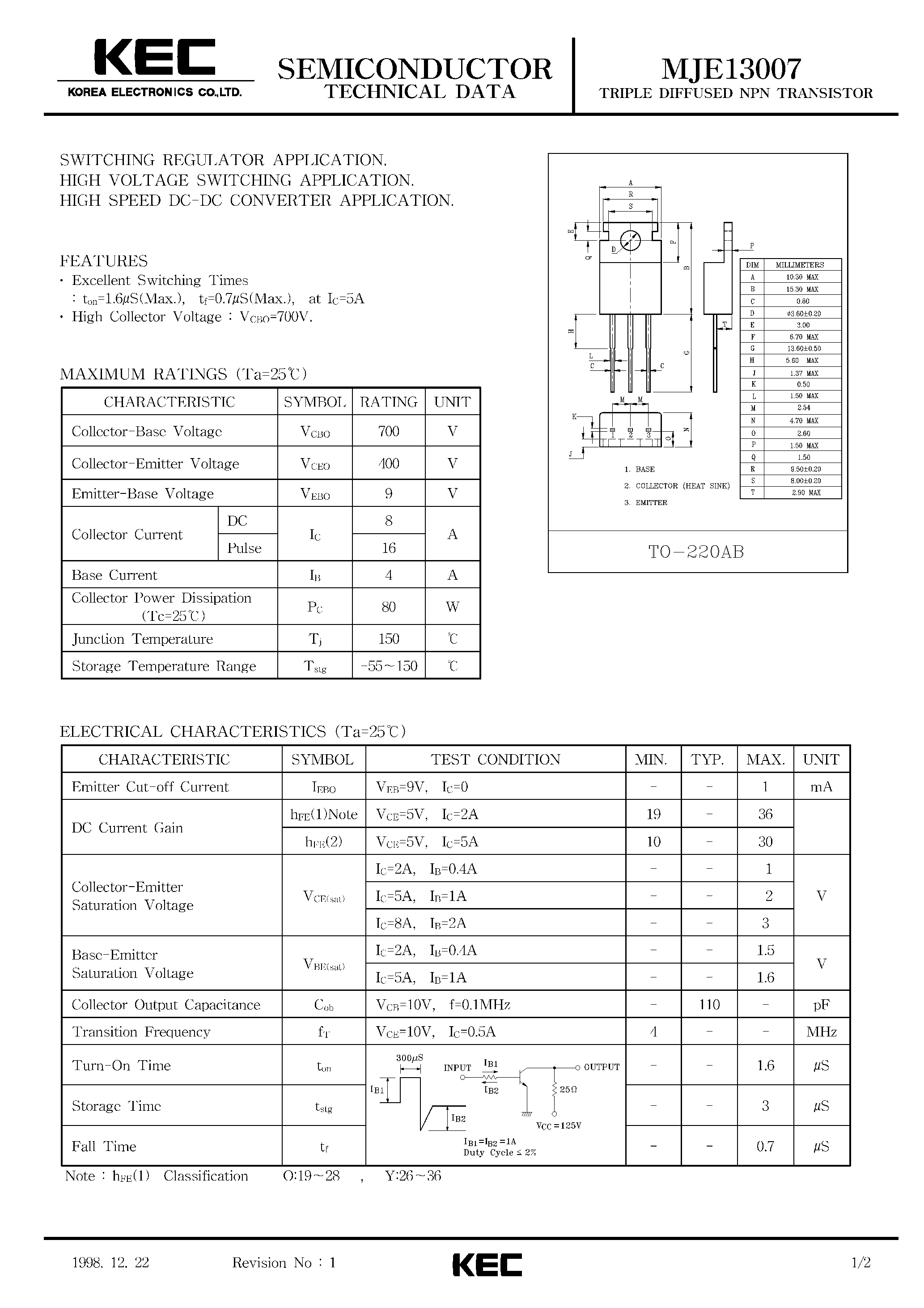 Даташит MJE13007 - TRIPLE DIFFUSED NPN TRANSISTOR (SWITCHING REGULATOR / HIGH VOLTAGE SWITCHING / HIGH SPEED DC-DC CONVERTER) страница 1