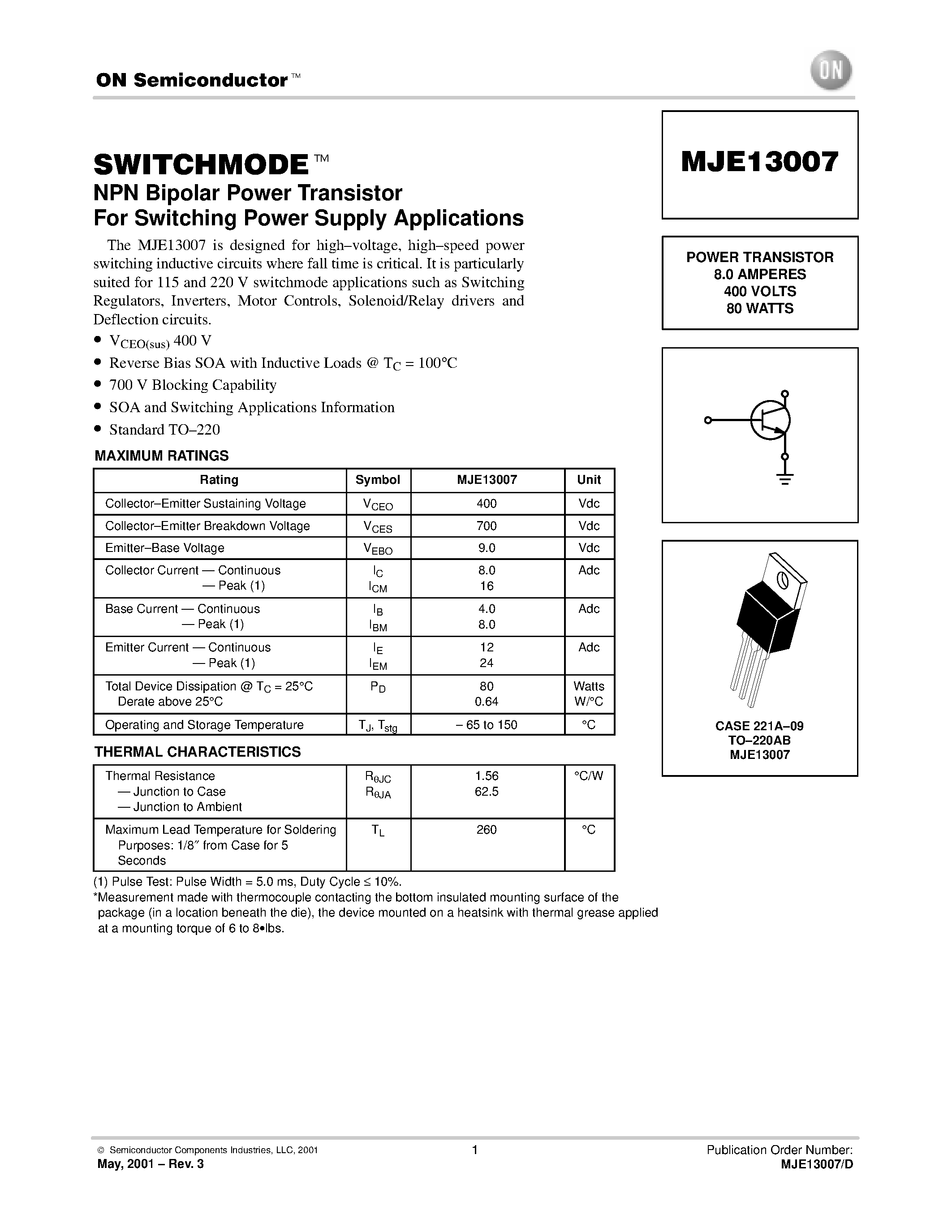 Datasheet MJE13007 - NPN Bipolar Power Transistor For Switching Power Supply Applications page 1