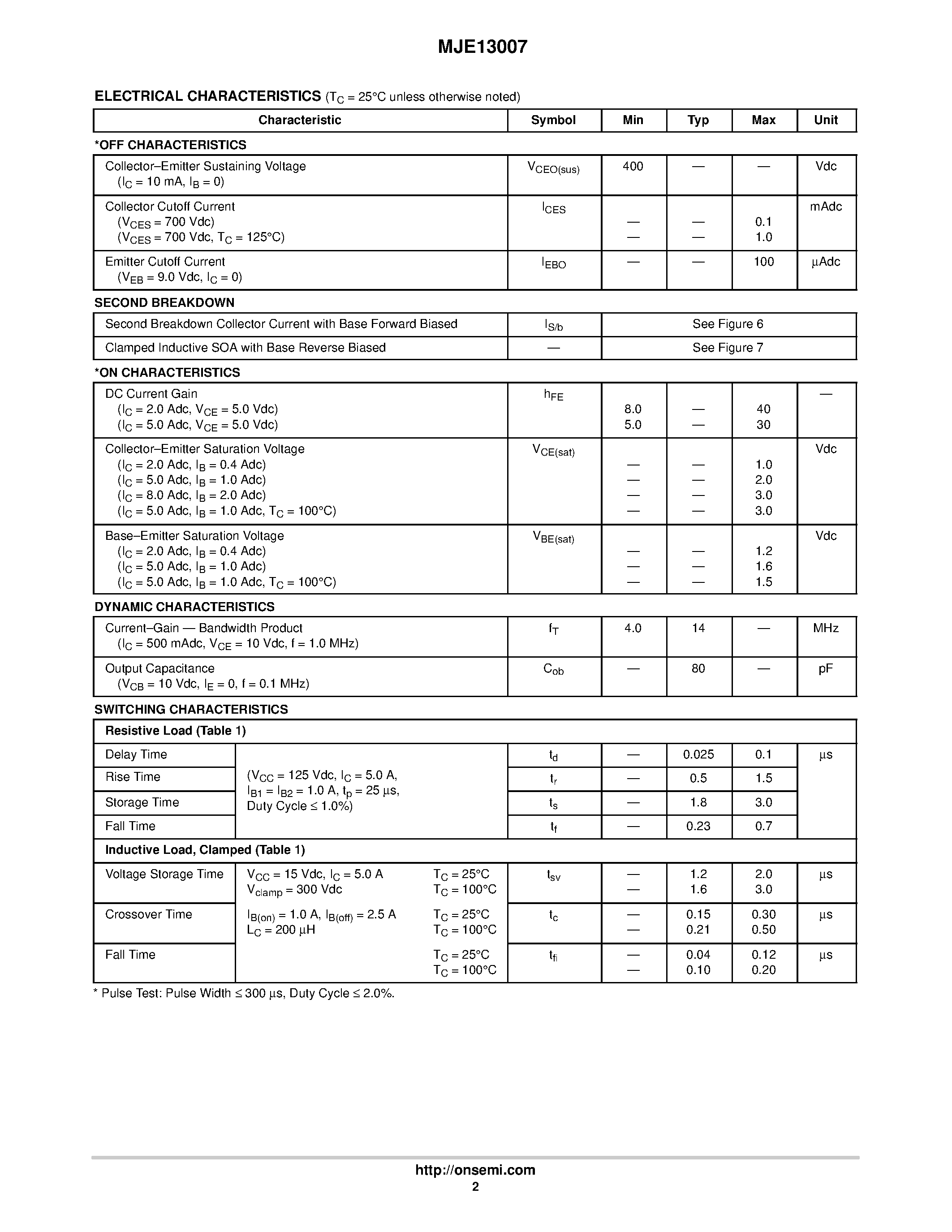 Datasheet MJE13007 - NPN Bipolar Power Transistor For Switching Power Supply Applications page 2