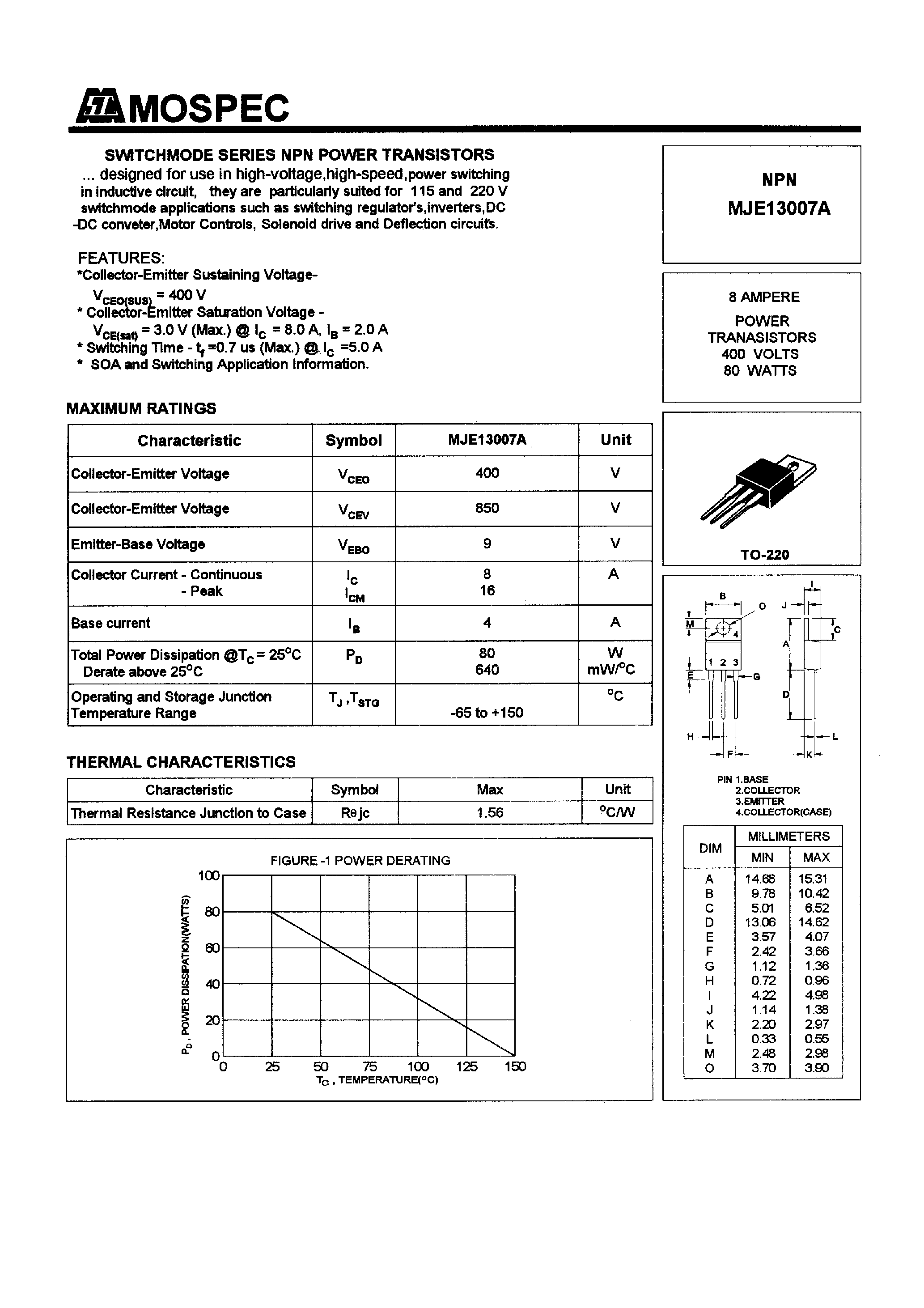 Даташит MJE13007A - POWER TRANSISTORS(8A /400V /80W) страница 1