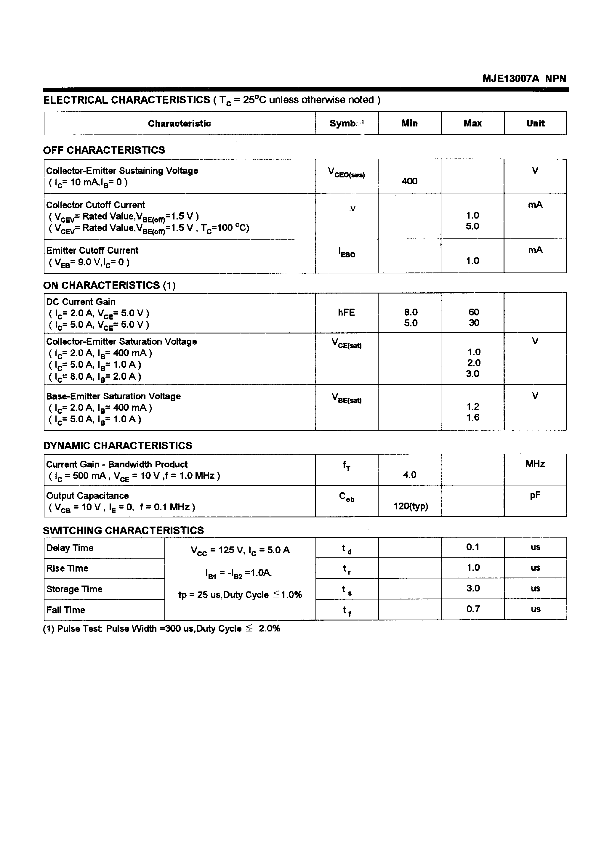 Даташит MJE13007A - POWER TRANSISTORS(8A /400V /80W) страница 2