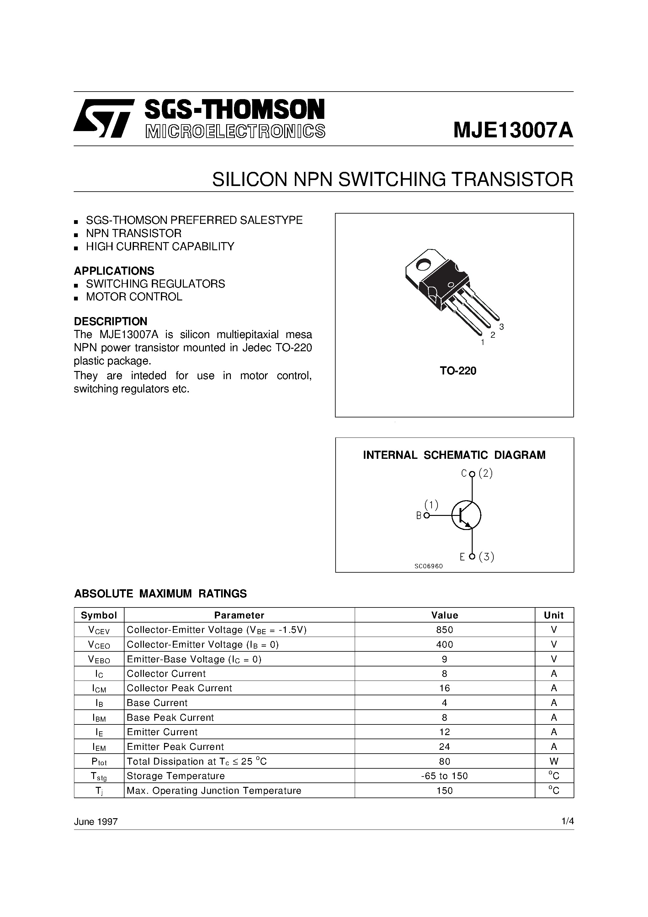 Даташит MJE13007A - SILICON NPN SWITCHING TRANSISTOR страница 1