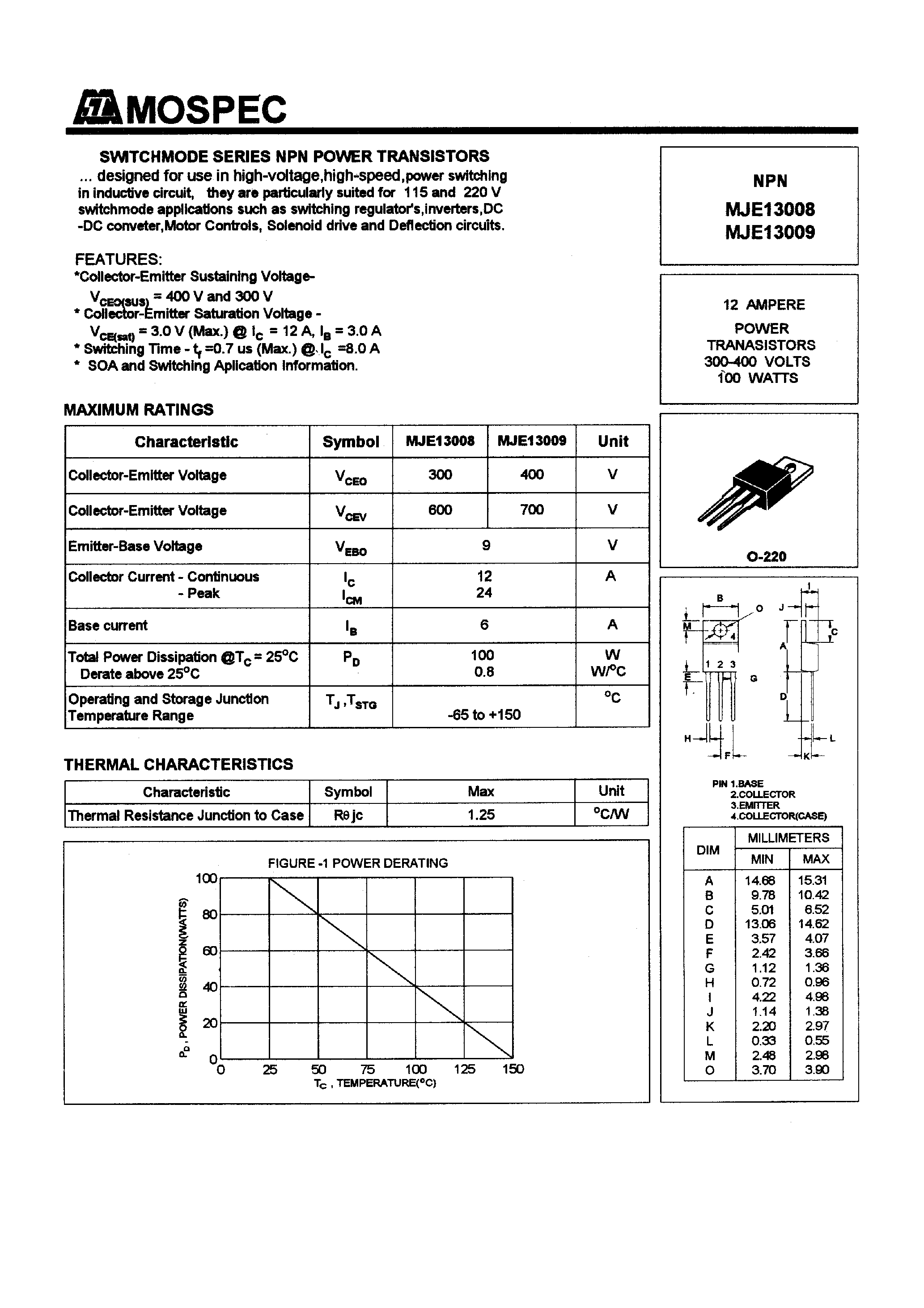 Даташит MJE13008 - POWER TRANSISTORS(12A /300-400V /100W) страница 1