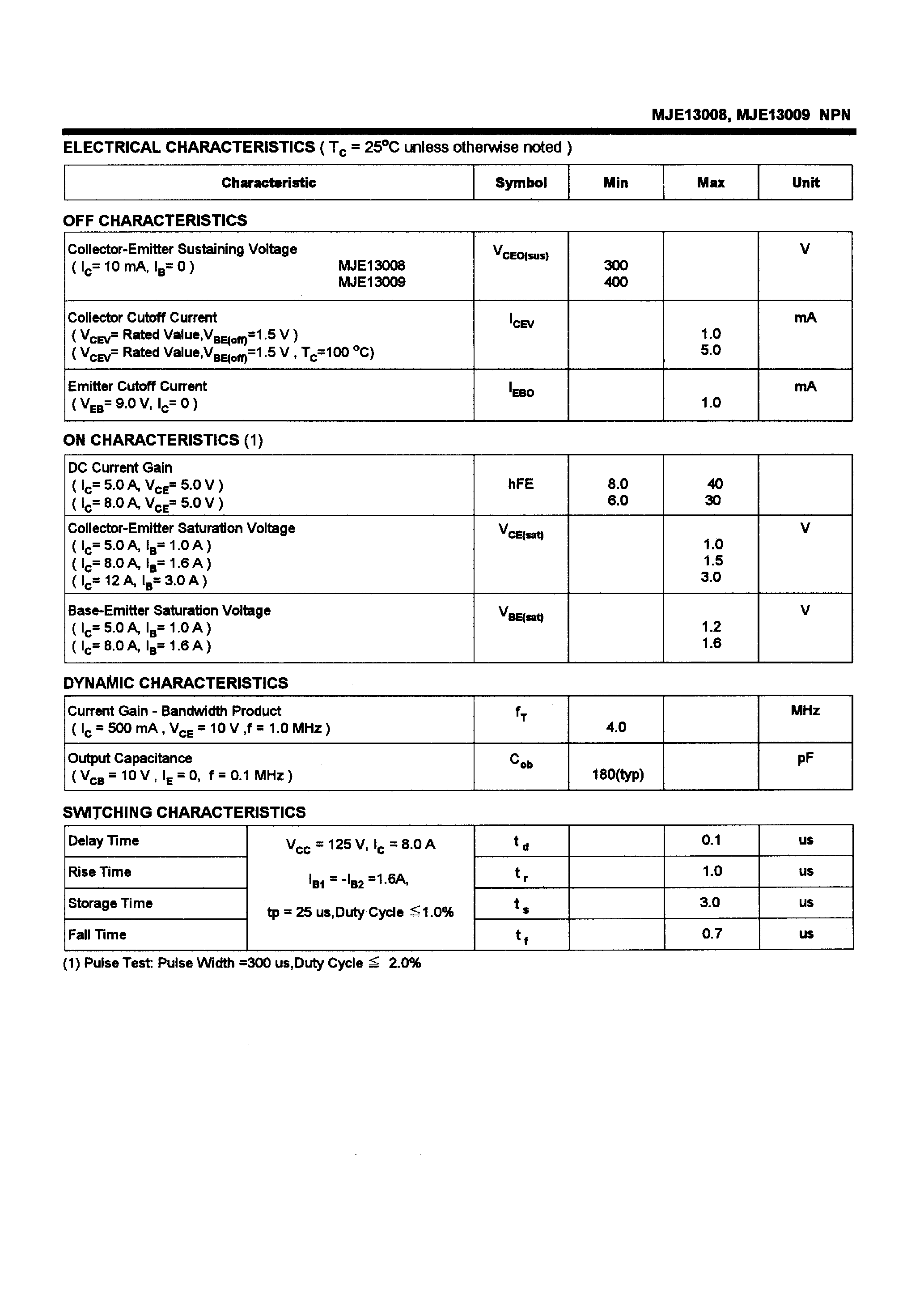 Даташит MJE13008 - POWER TRANSISTORS(12A /300-400V /100W) страница 2