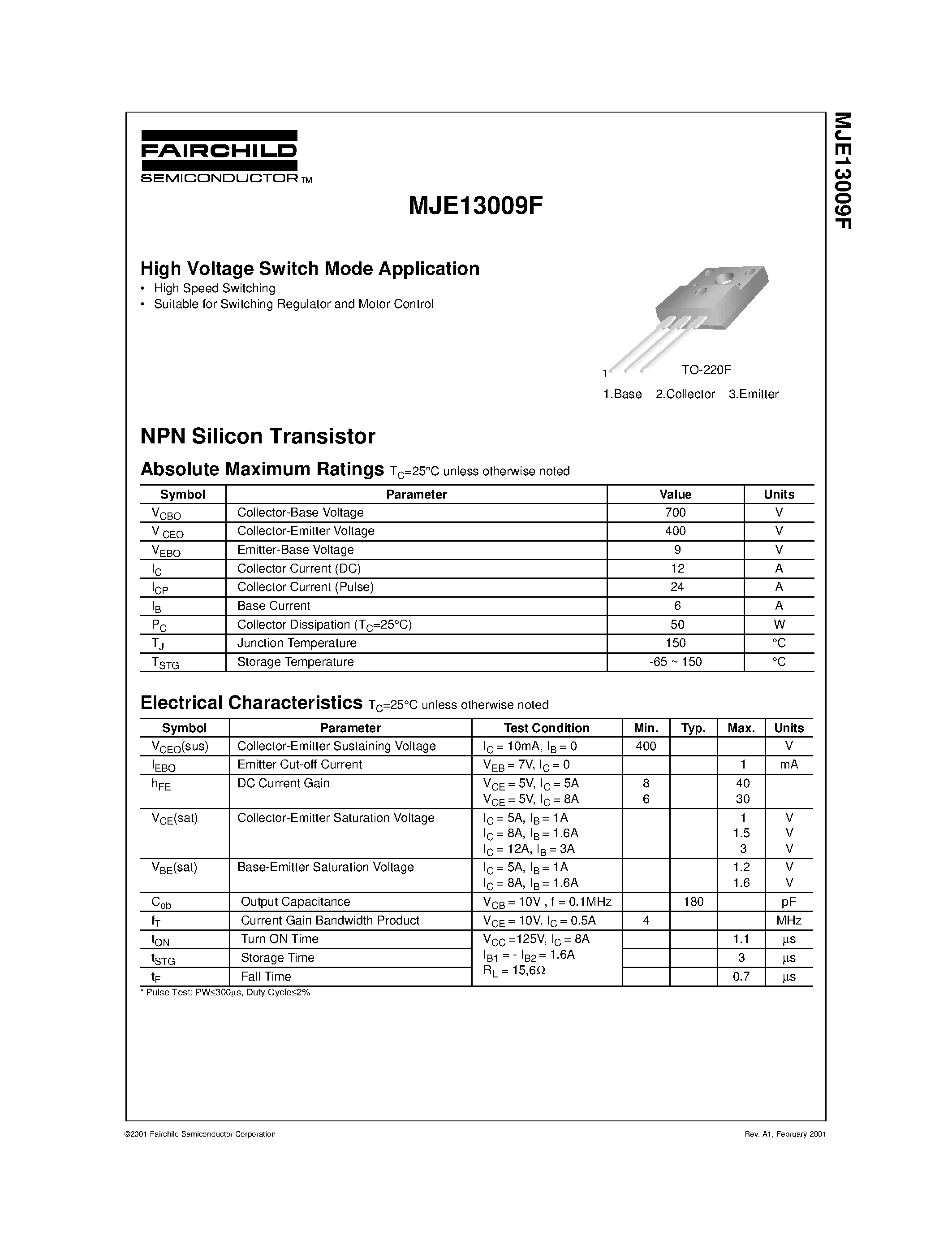 Даташит MJE13009F - High Voltage Switch Mode Application страница 1