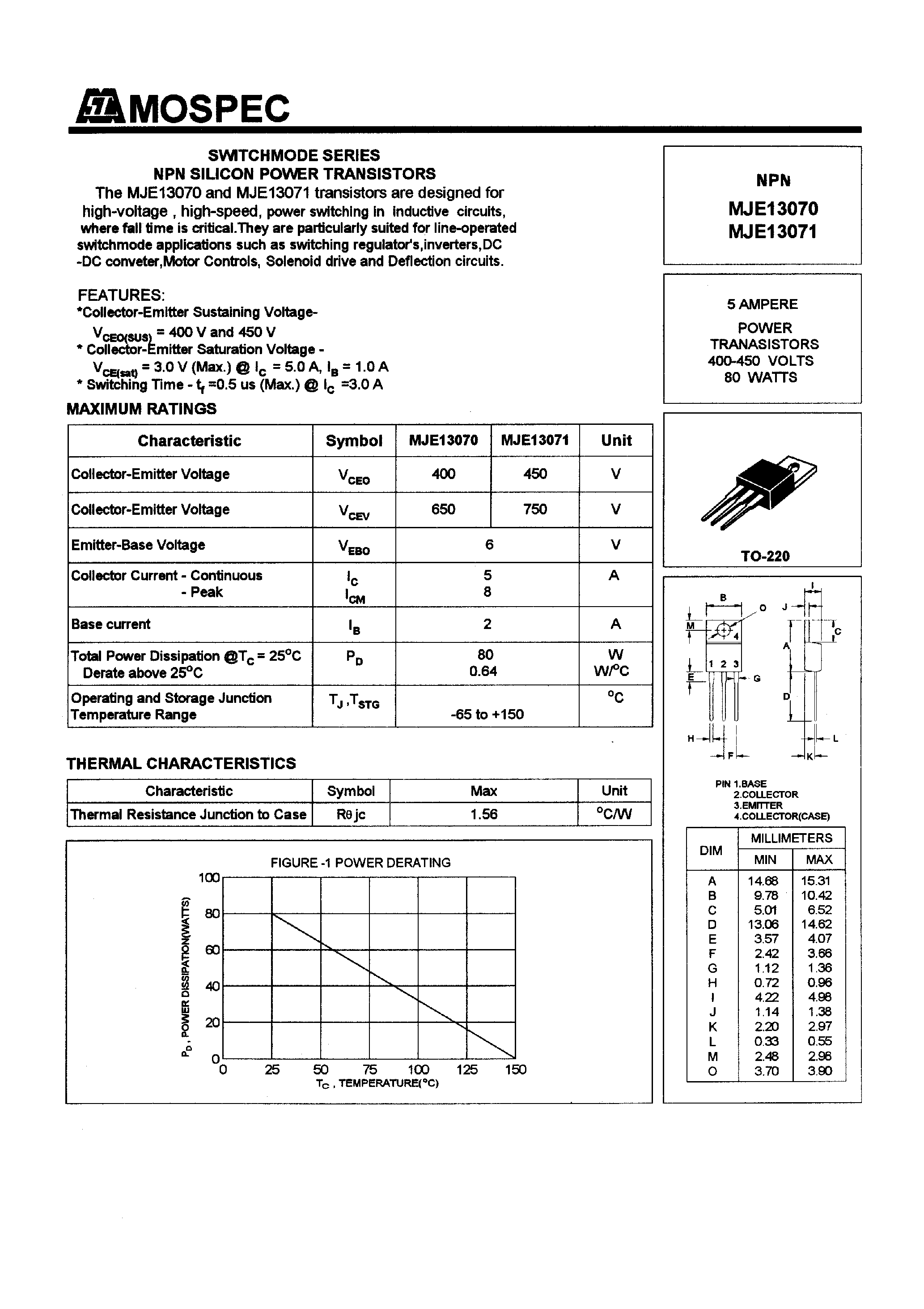 Даташит MJE13070 - POWER TRANSISTORS(5A /400-450V /80W) страница 1