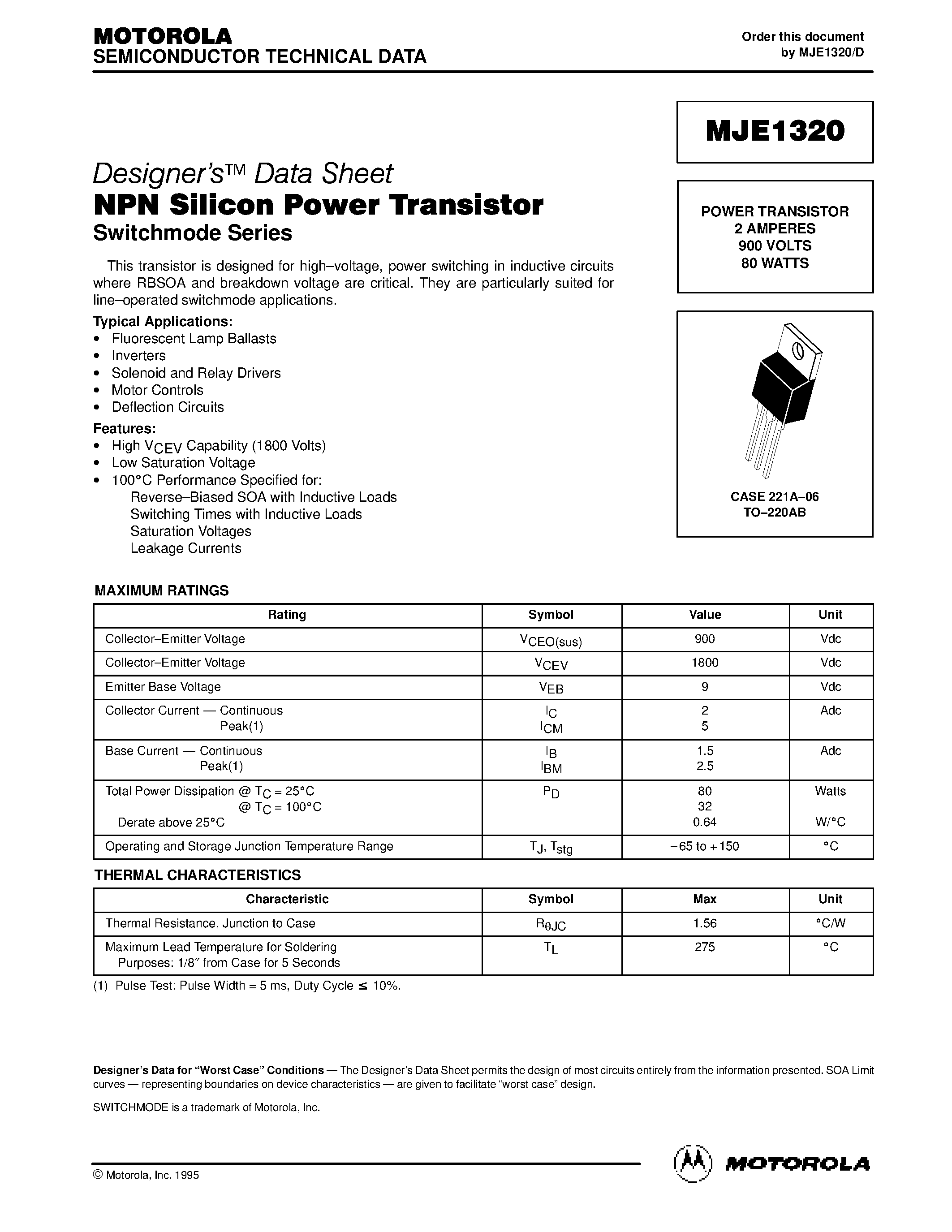 Даташит MJE1320 - POWER TRANSISTOR 2 AMPERES 900 VOLTS 80 WATTS страница 1