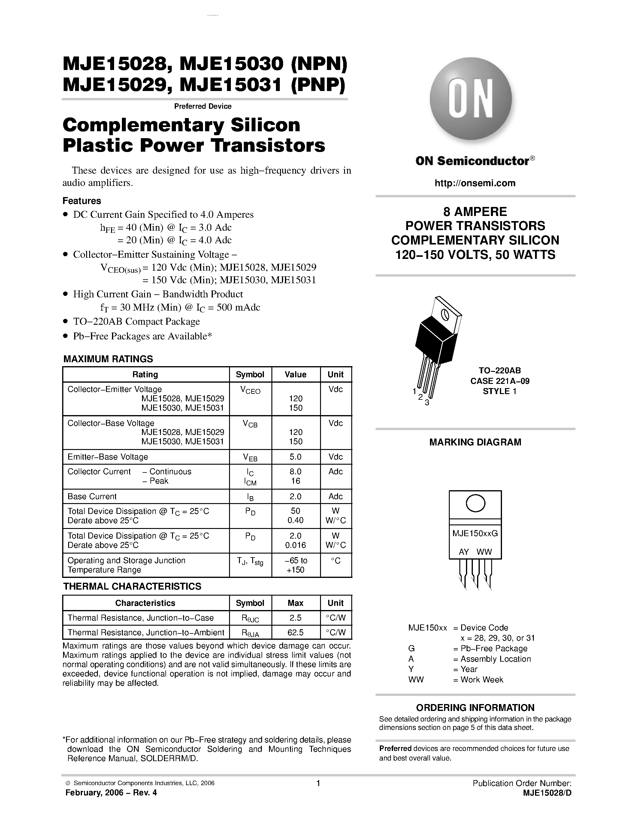 Даташит MJE15029 - POWER TRANSISTORS COMPLEMENTARY SILICON страница 1