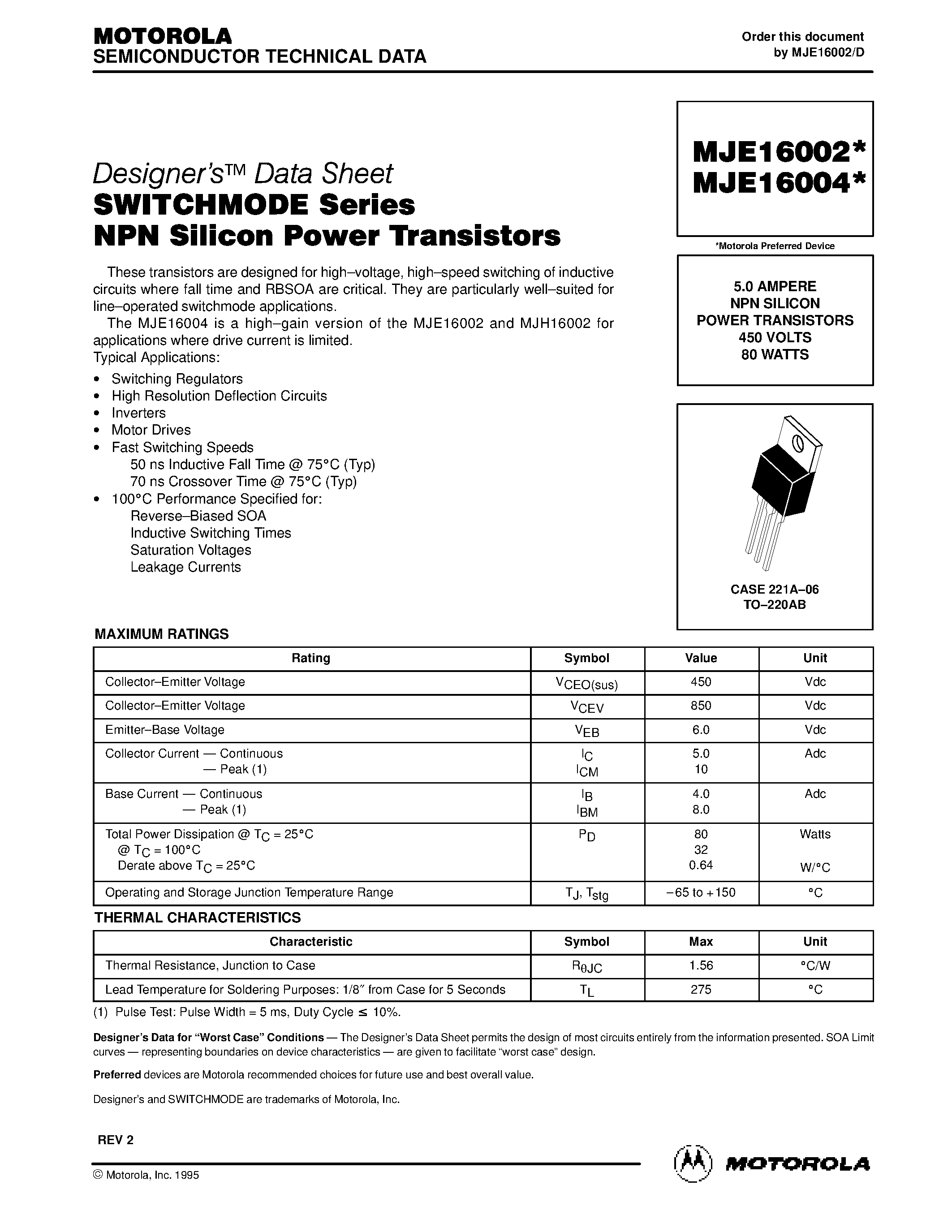 Даташит MJE16002 - 5.0 AMPERE NPN SILICON POWER TRANSISTORS 450 VOLTS 80 WATTS страница 1