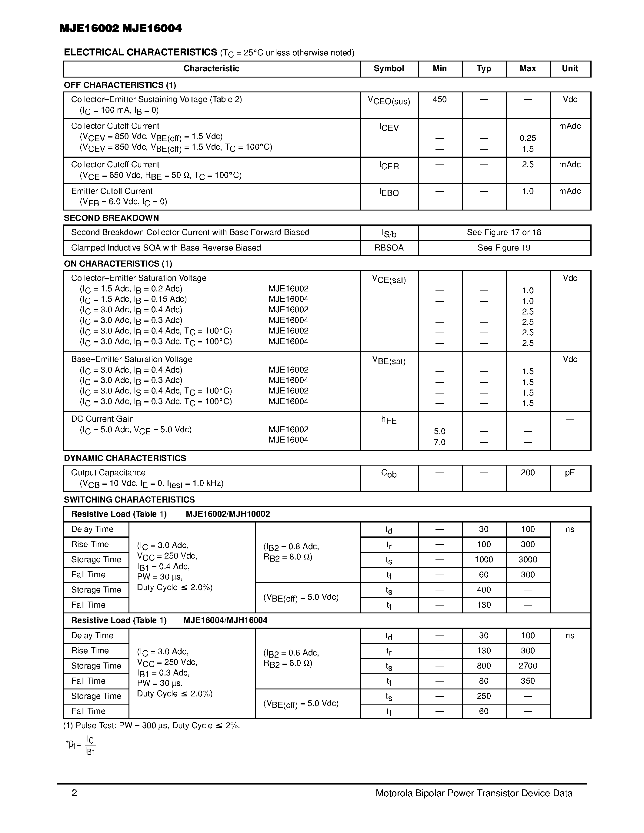 Даташит MJE16002 - NPN SILICON POWER TRANSISTORS страница 2