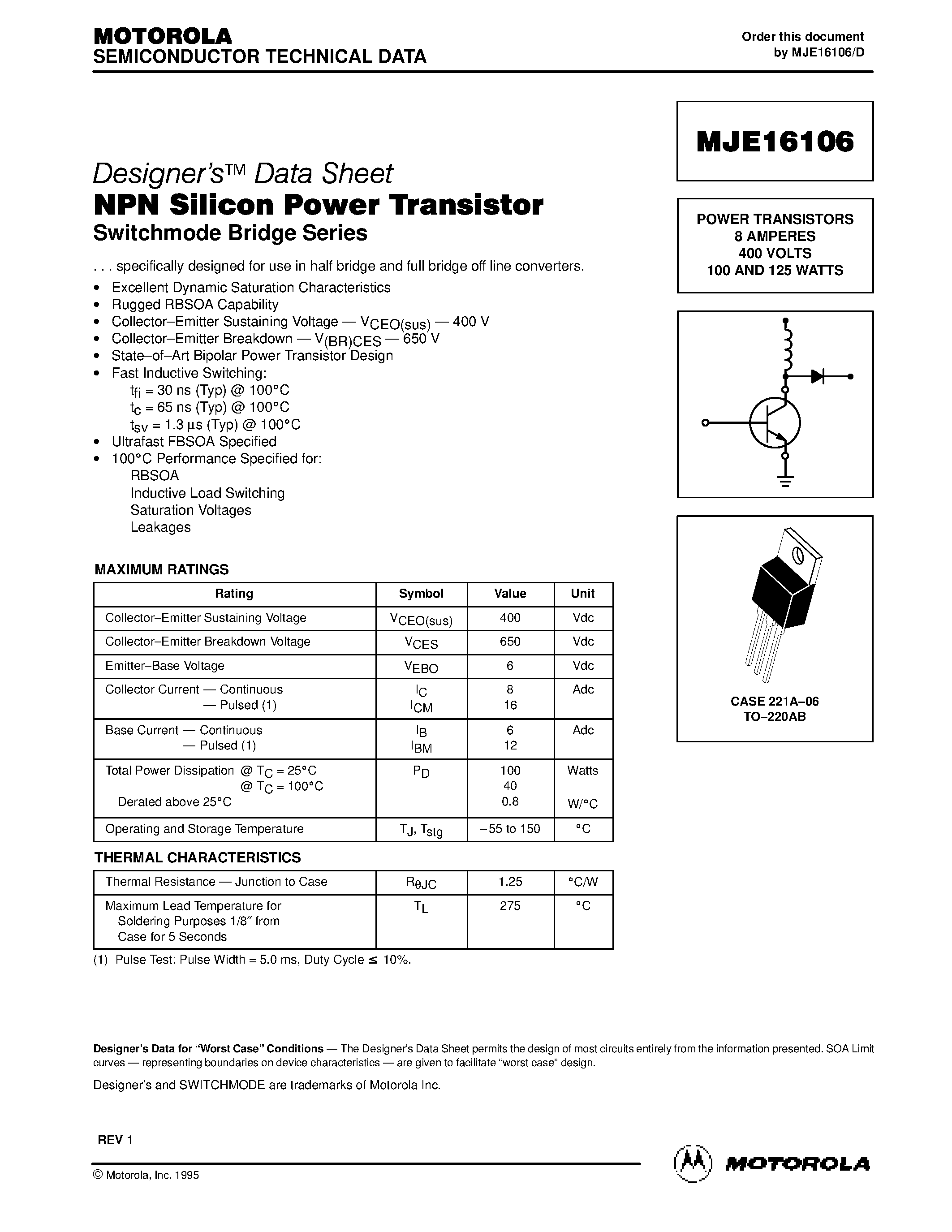 Даташит MJE16106 - POWER TRANSISTORS 8 AMPERES 400 VOLTS 100 AND 125 WATTS страница 1