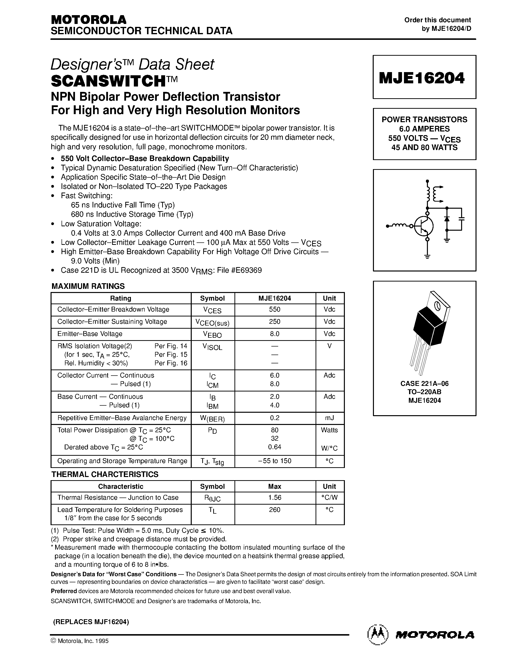 Даташит MJE16204 - POWER TRANSISTORS 6.0 AMPERES 550 VOLTS-. VCES 45 AND 80 WATTS страница 1