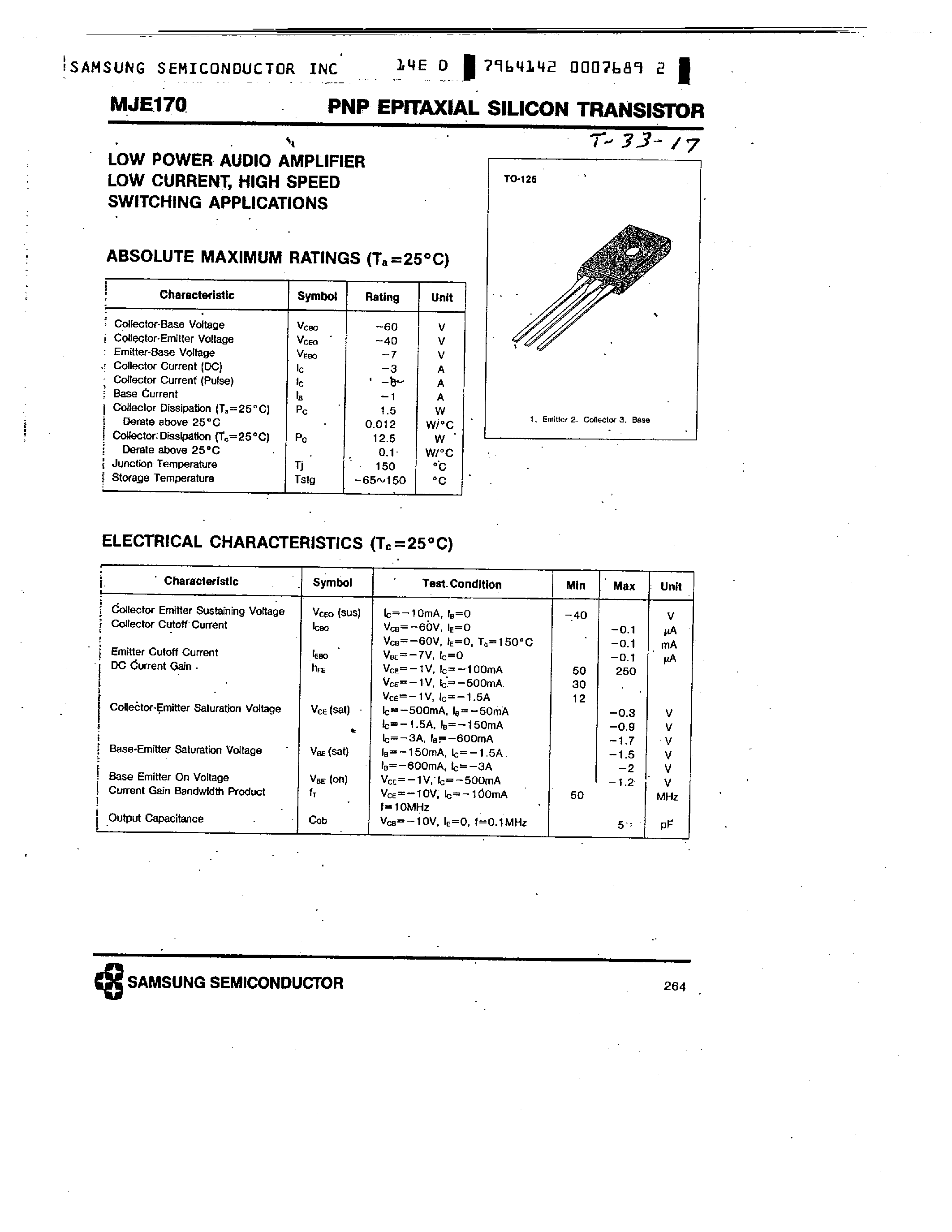 Даташит MJE170 - PNP (LOW POWER AUDIO AMPLIFIER) страница 1