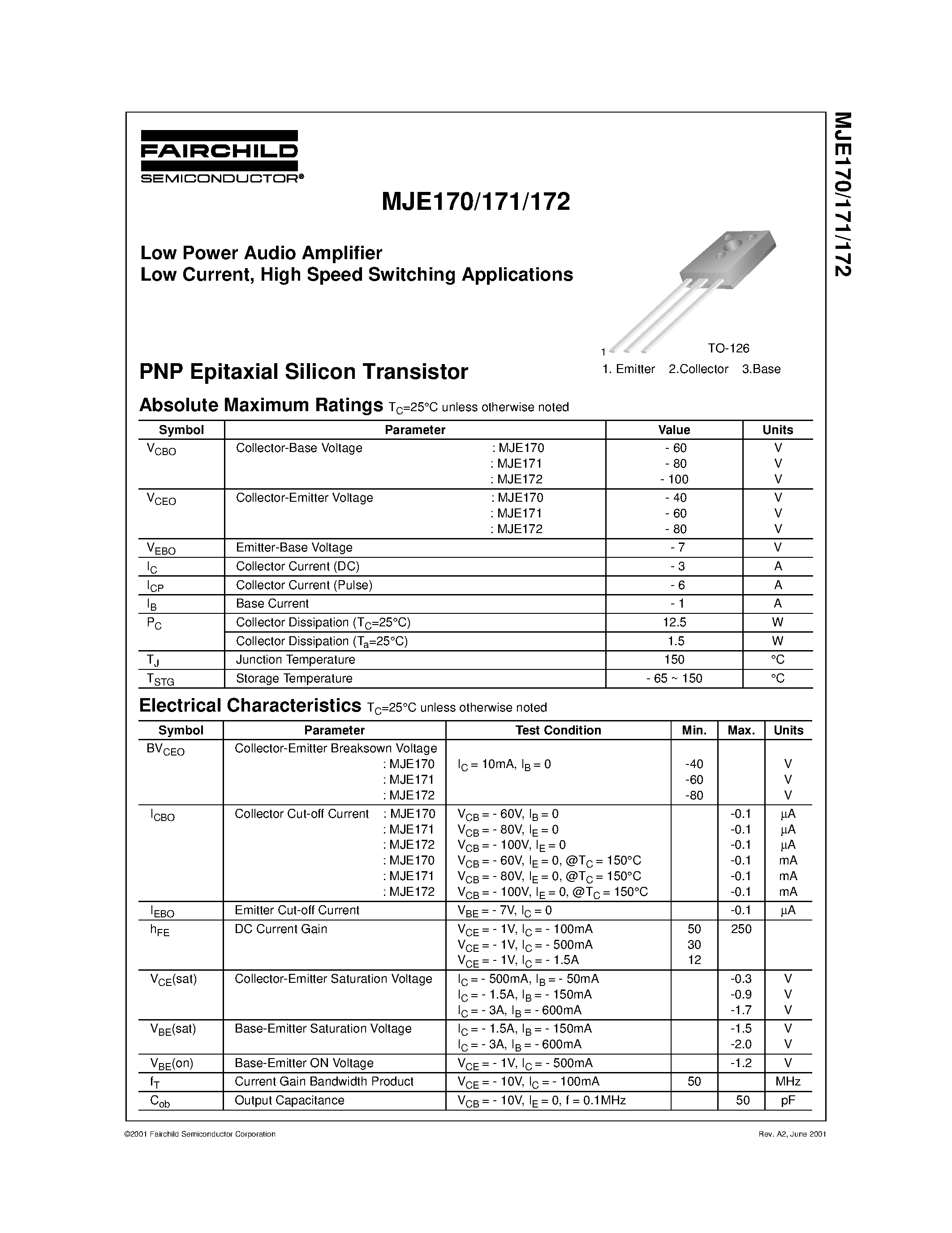 Даташит MJE170 - Low Power Audio Amplifier Low Current / High Speed Switching Applications страница 1