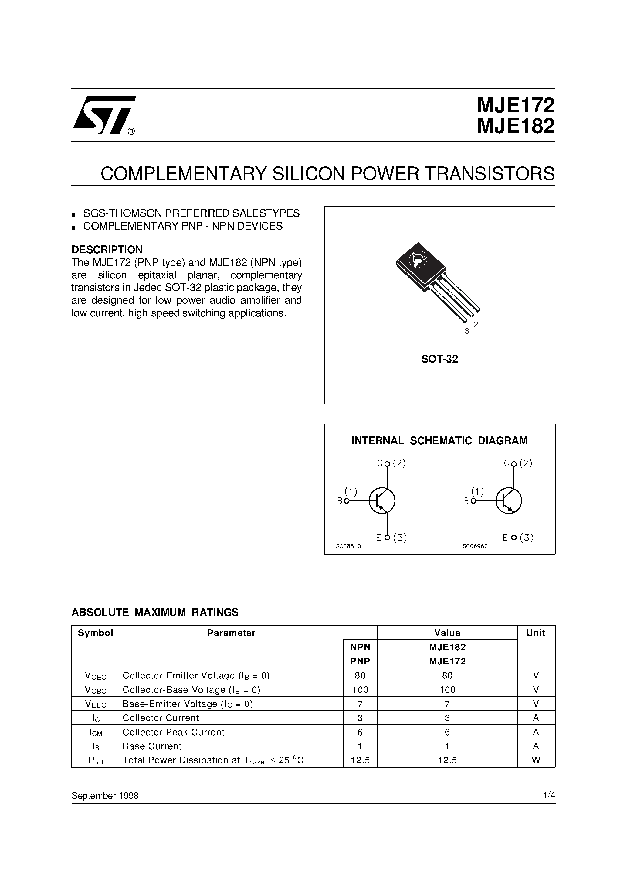 Даташит MJE172 - COMPLEMENTARY SILICON POWER TRANSISTORS страница 1