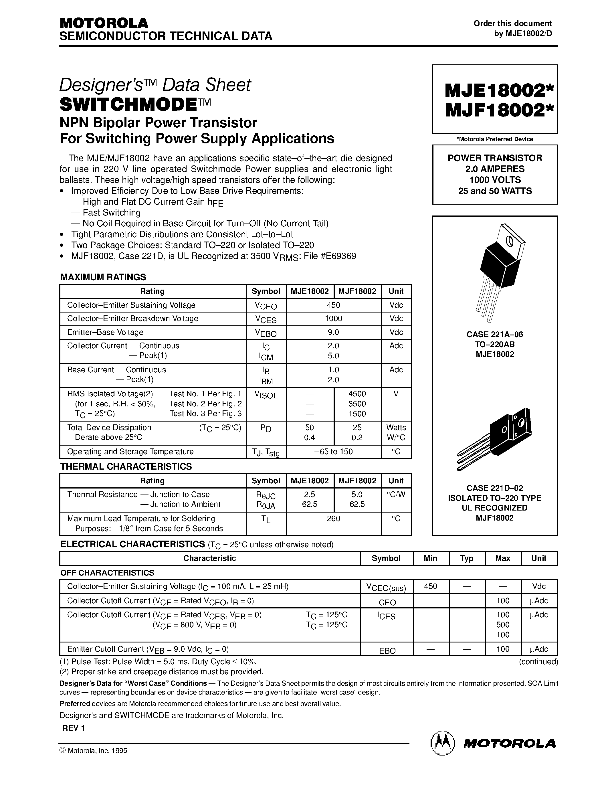 Даташит MJE18002 - POWER TRANSISTOR 2.0 AMPERES 1000 VOLTS 25 and 50 WATTS страница 1