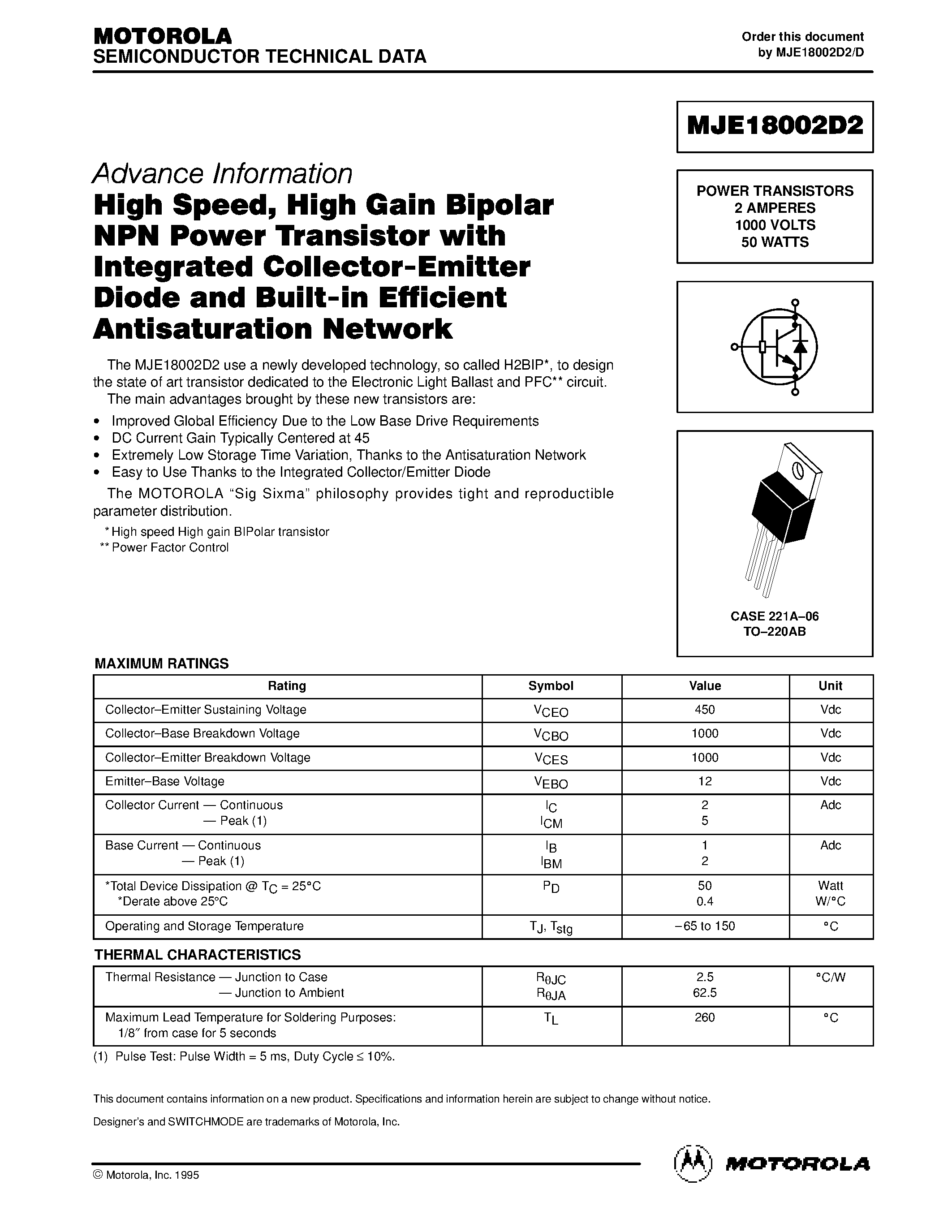 Даташит MJE18002D2 - POWER TRANSISTORS 2 AMPERES 1000 VOLTS 50 WATTS страница 1