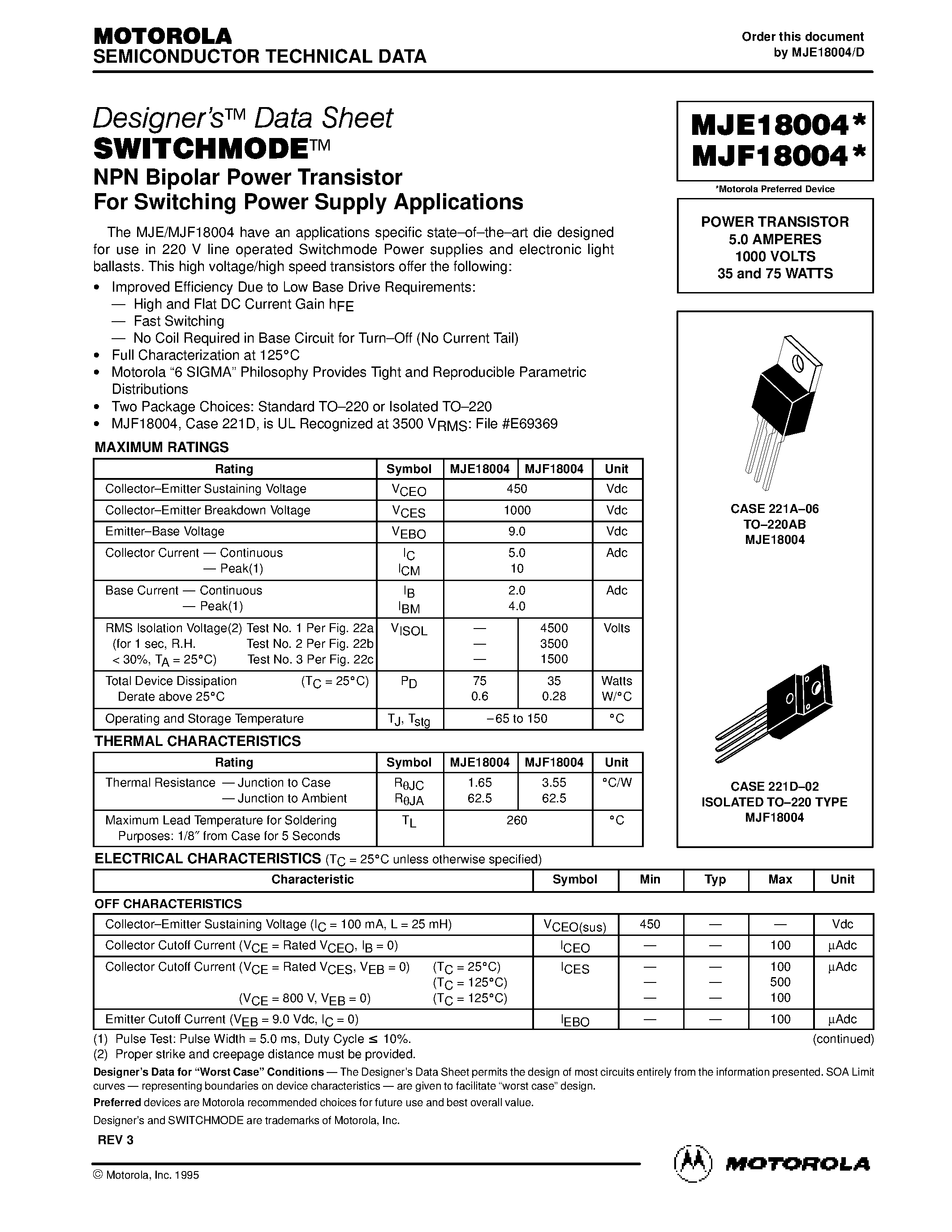 Даташит MJE18004 - POWER TRANSISTOR 5.0 AMPERES 1000 VOLTS 35 and 75 WATTS страница 1