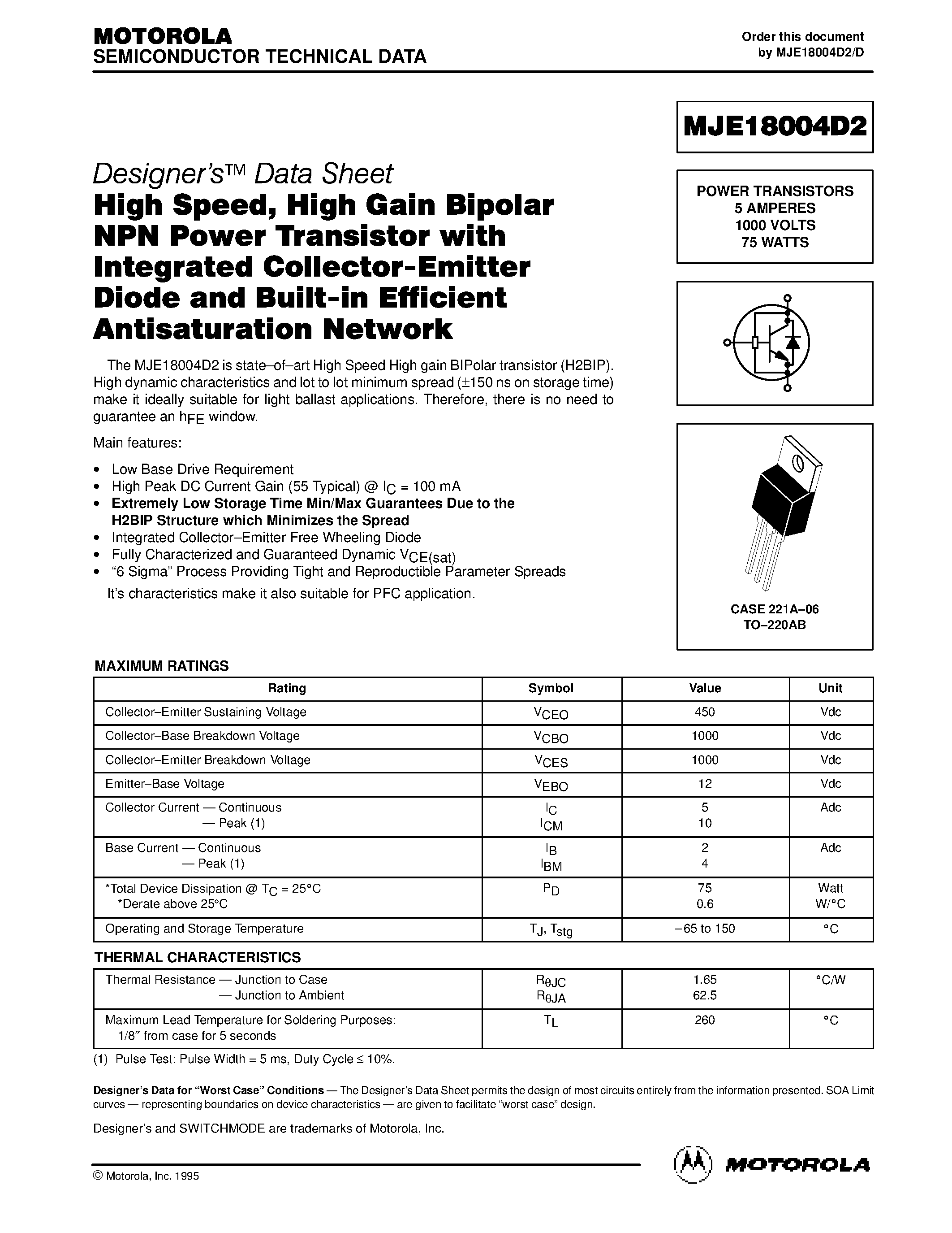 Даташит MJE18004D2 - POWER TRANSISTORS 5 AMPERES 1000 VOLTS 75 WATTS страница 1