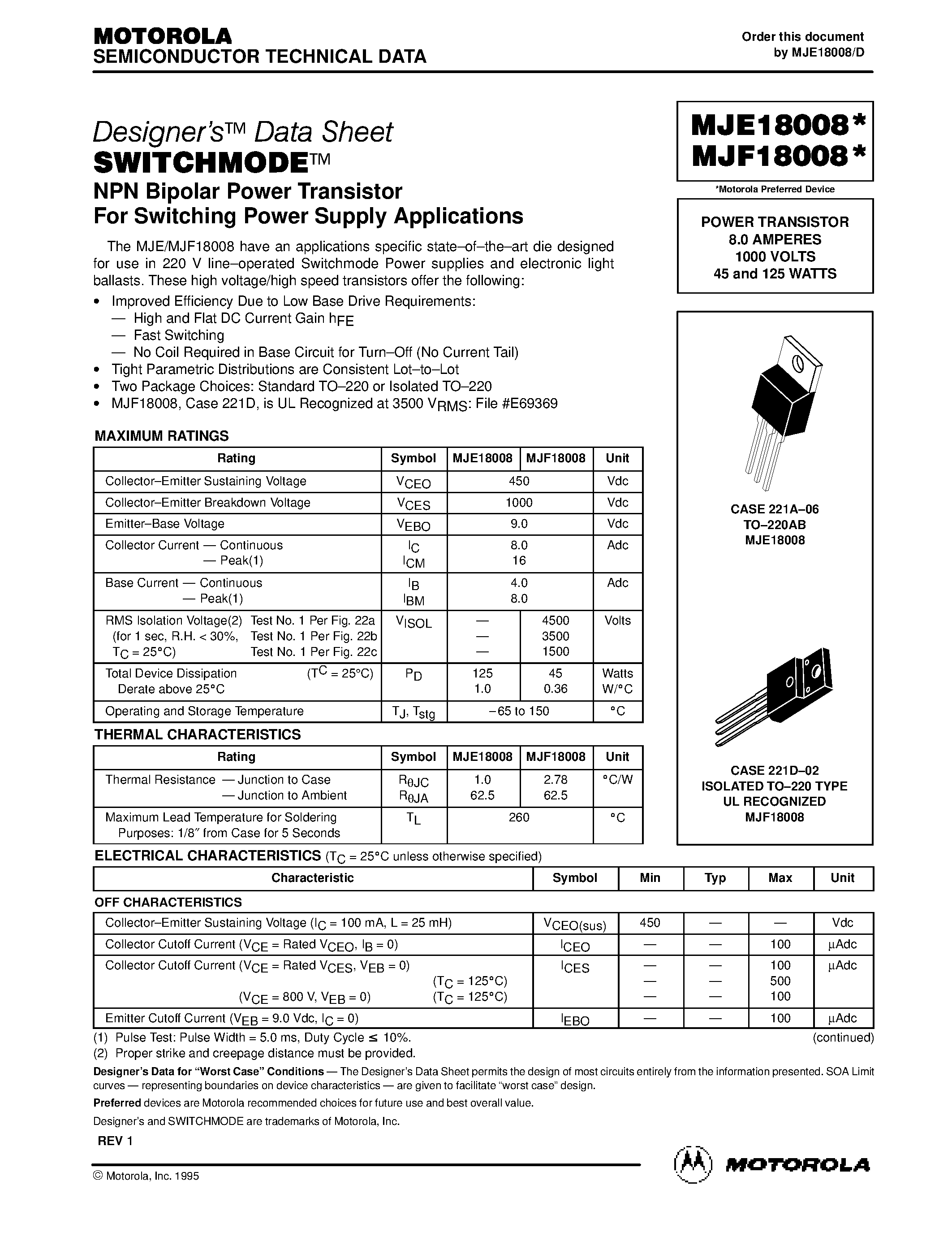 Даташит MJE18008 - POWER TRANSISTOR 8.0 AMPERES 1000 VOLTS 45 and 125 WATTS страница 1