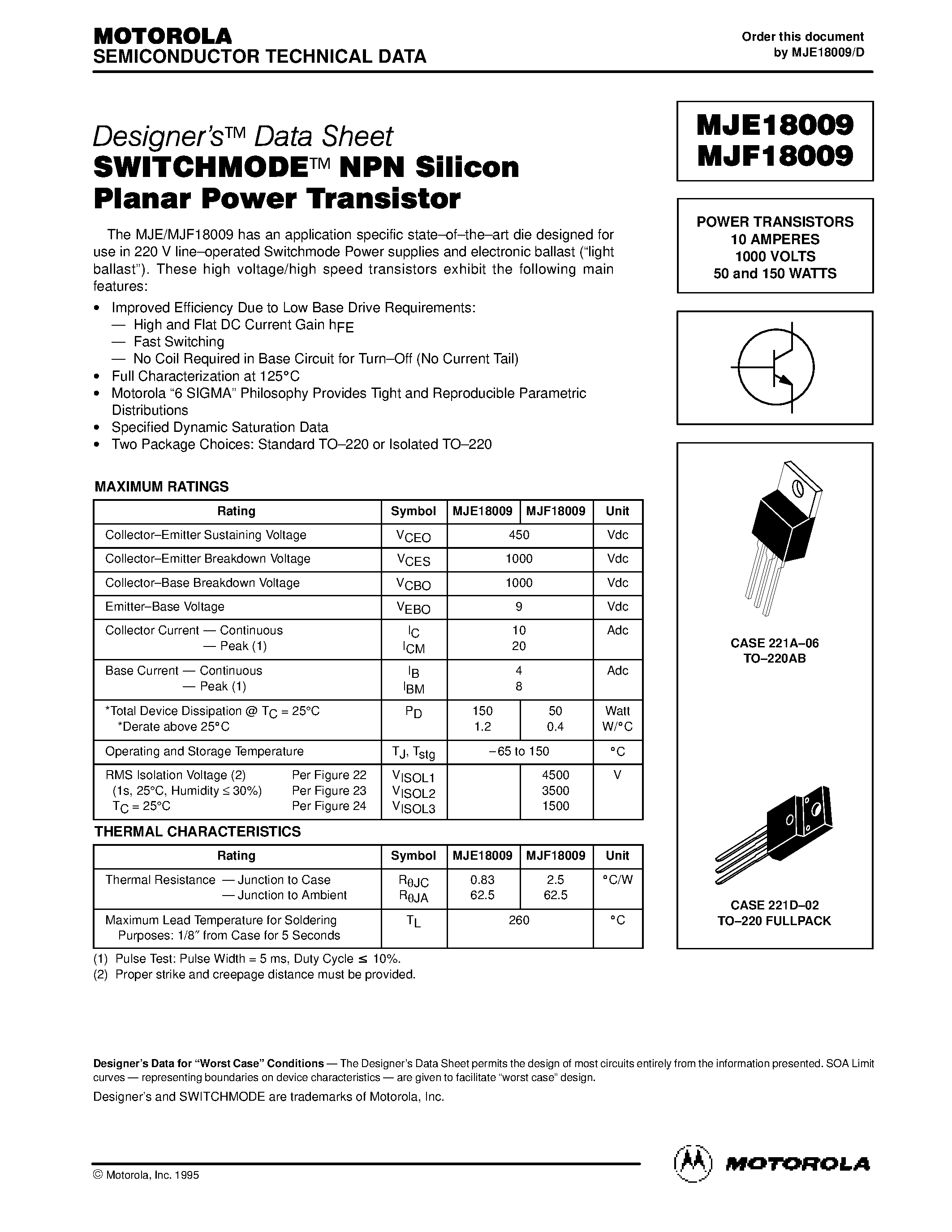 Даташит MJE18009 - POWER TRANSISTORS 10 AMPERES 1000 VOLTS 50 and 150 WATTS страница 1