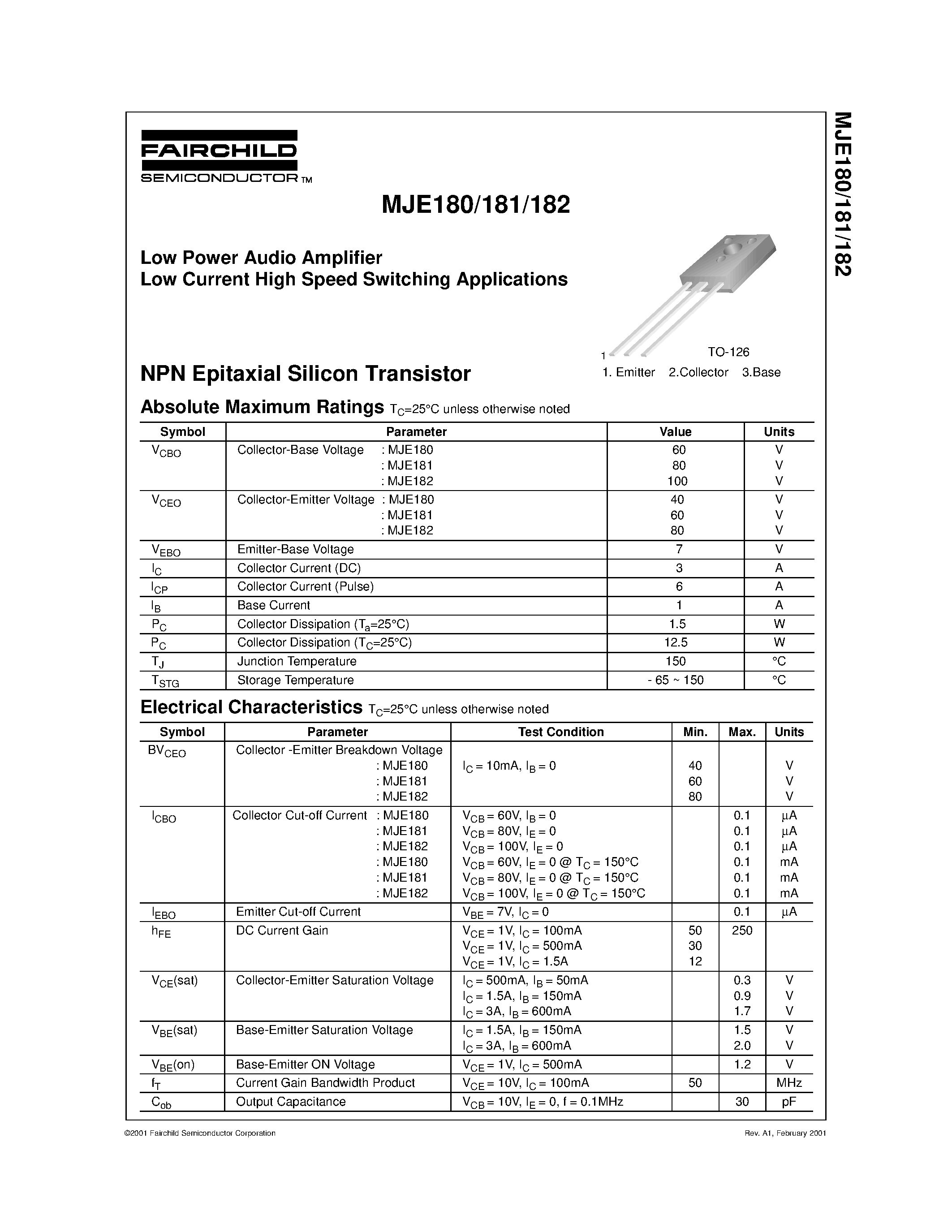 Даташит MJE181 - Low Power Audio Amplifier Low Current High Speed Switching Applications страница 1