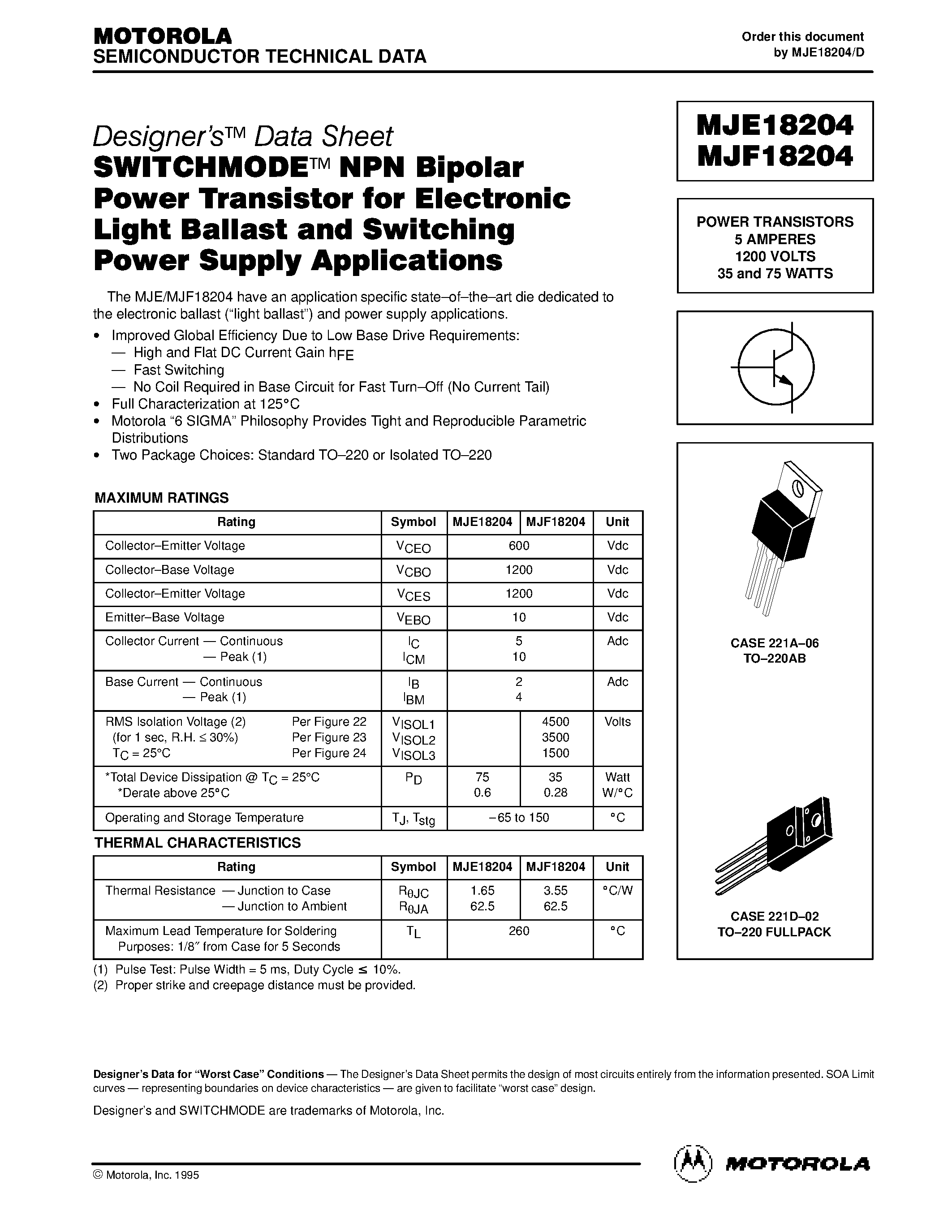 Даташит MJE18204 - POWER TRANSISTORS 5 AMPERES 1200 VOLTS 35 and 75 WATTS страница 1