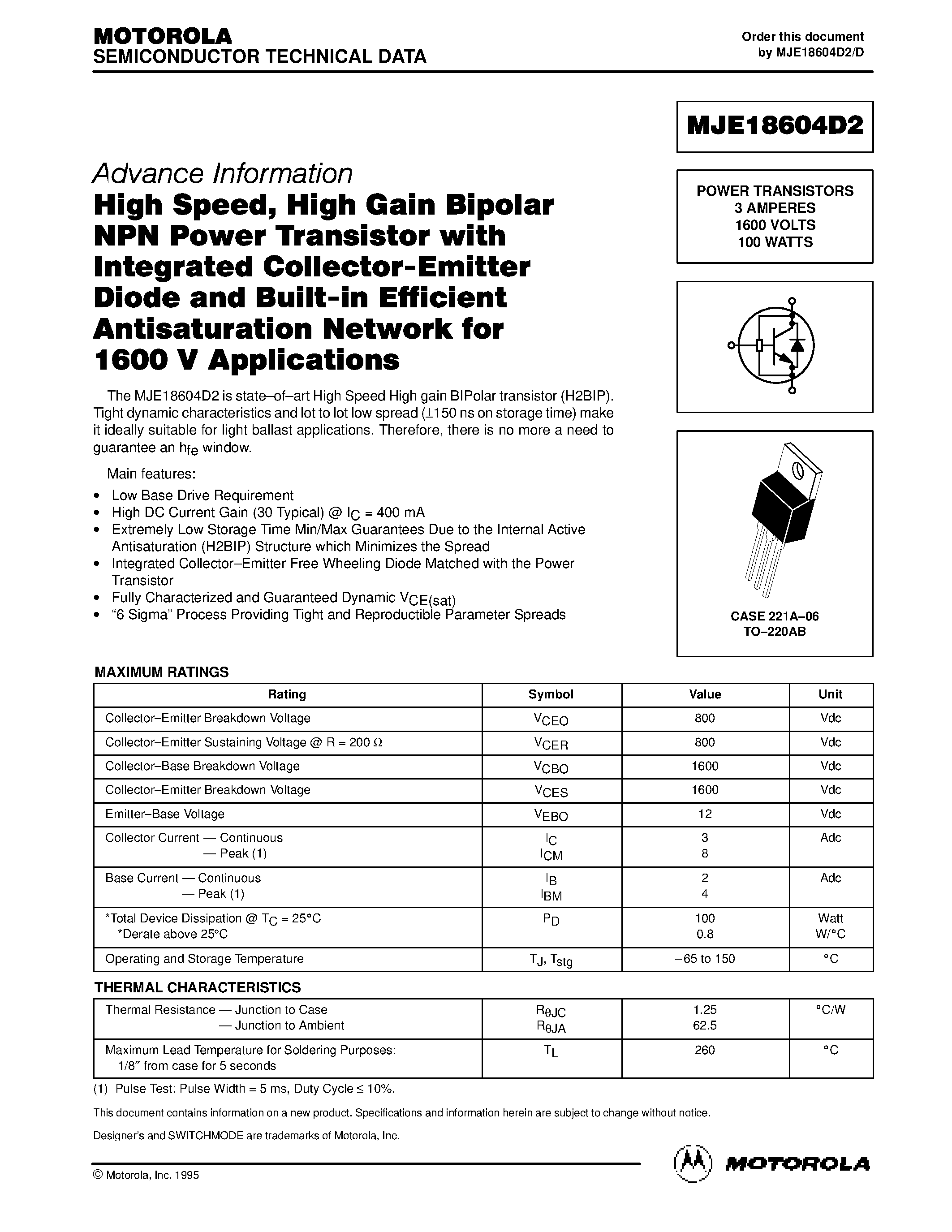 Даташит MJE18604 - POWER TRANSISTORS 3 AMPERES 1600 VOLTS 100 WATTS страница 1