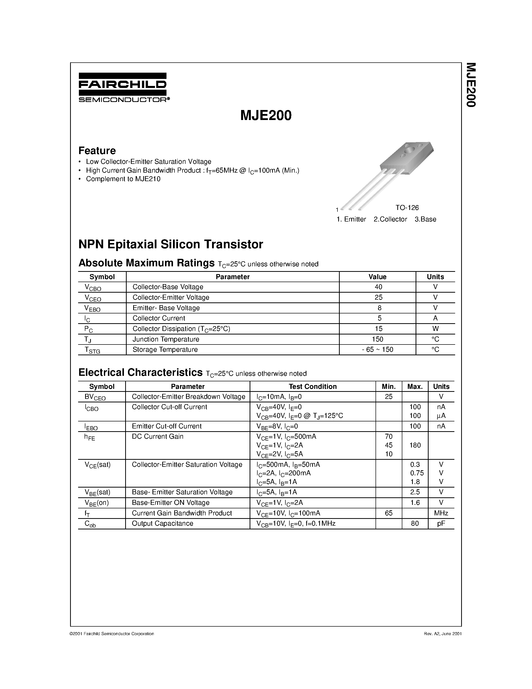 Даташит MJE200 - NPN Epitaxial Silicon Transistor страница 1