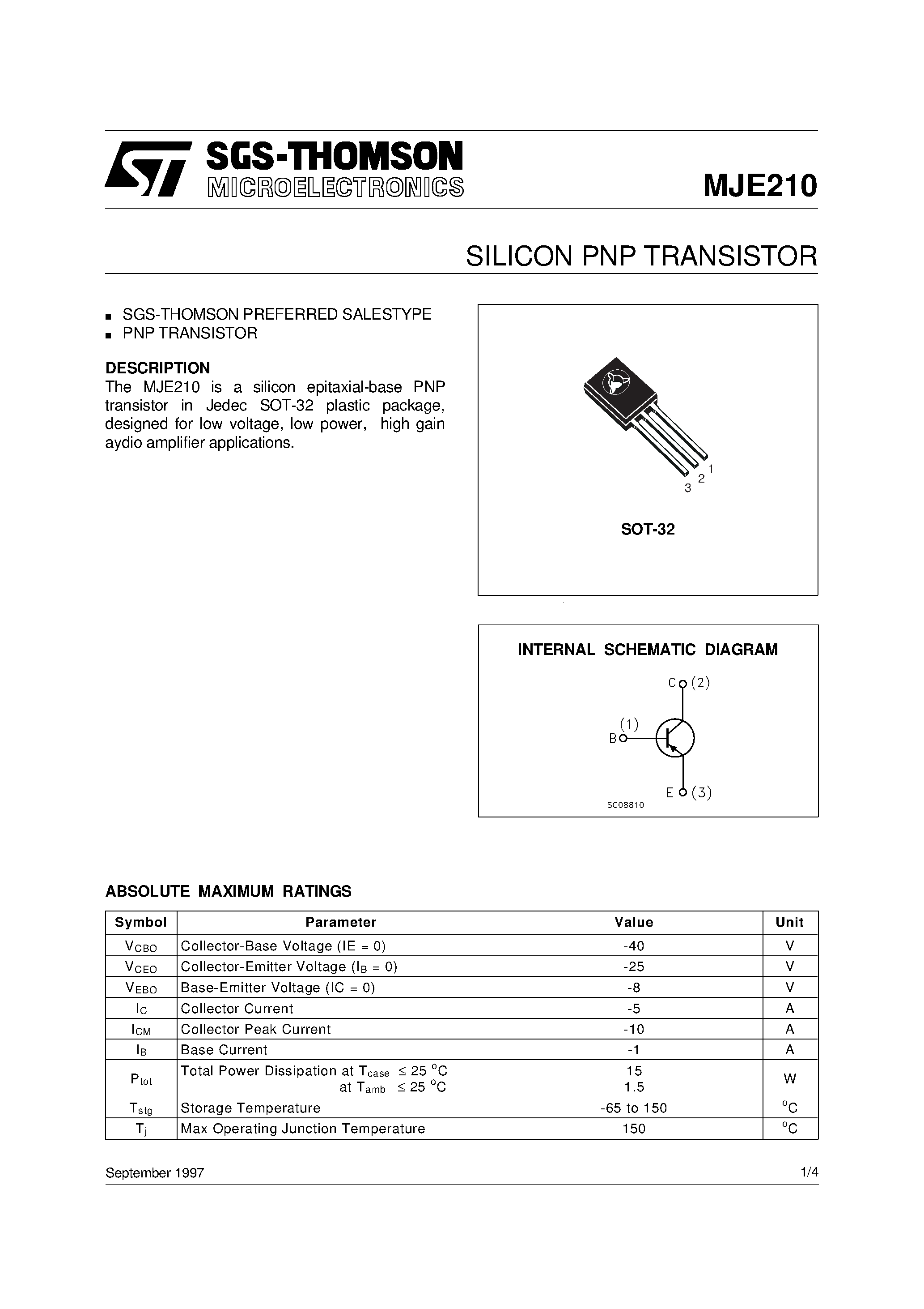 Даташит MJE210 - SILICON PNP TRANSISTOR страница 1