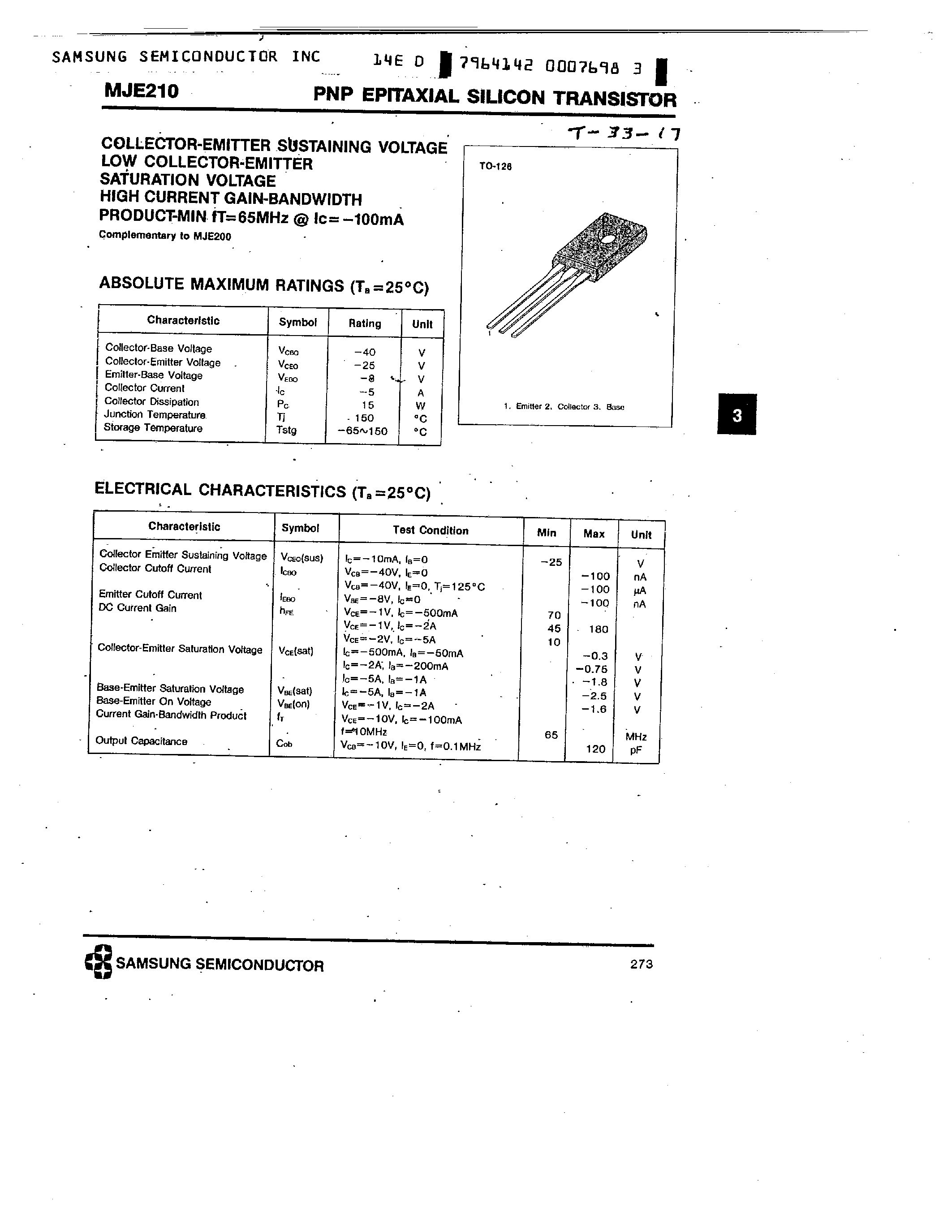 Даташит MJE210 - PNP (COLLECTOR-EMITTER SUSTAINING VOLTAGE LOW COLLECTOR-EMITTER) страница 1