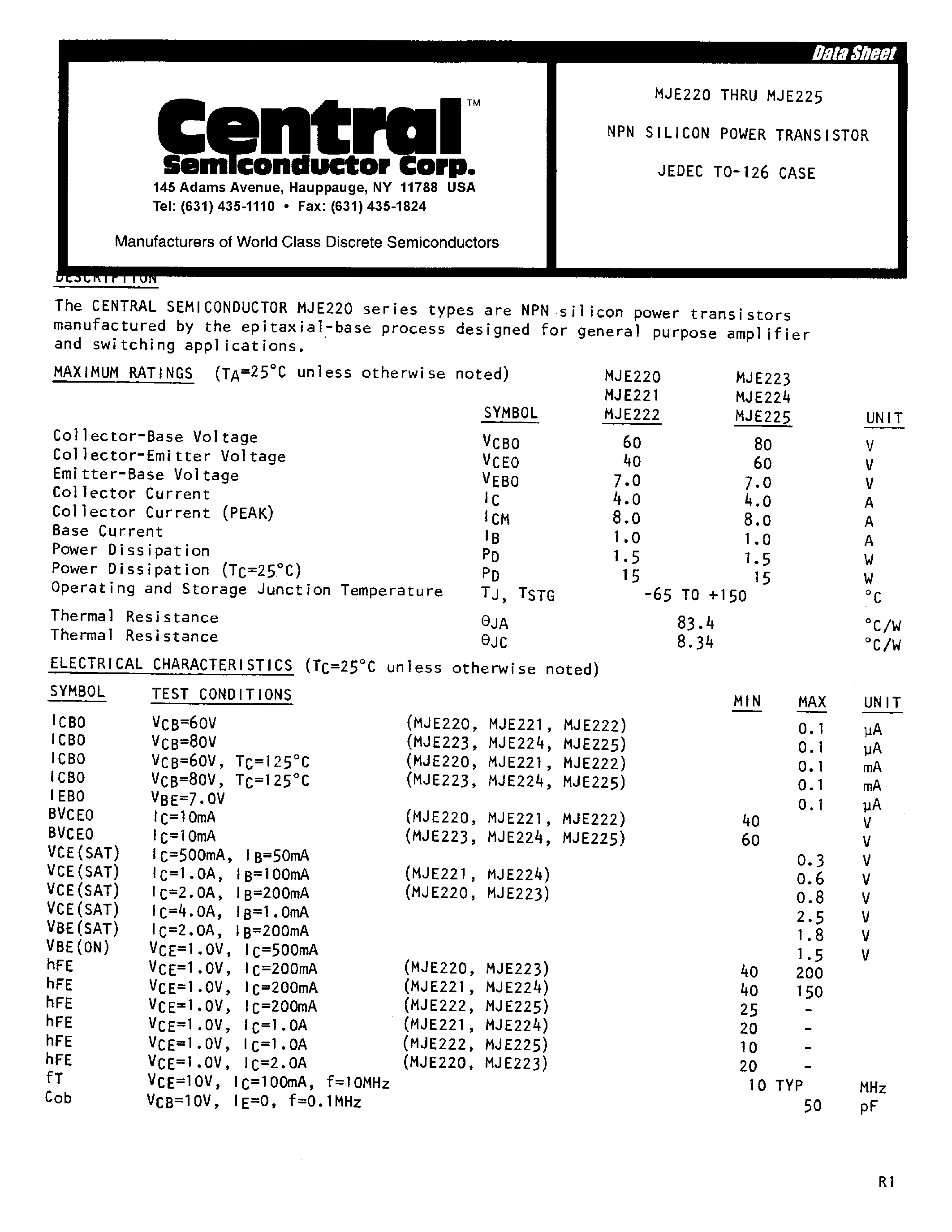 Даташит MJE220 - NPN SILICON POWER TRANSISTOR страница 1