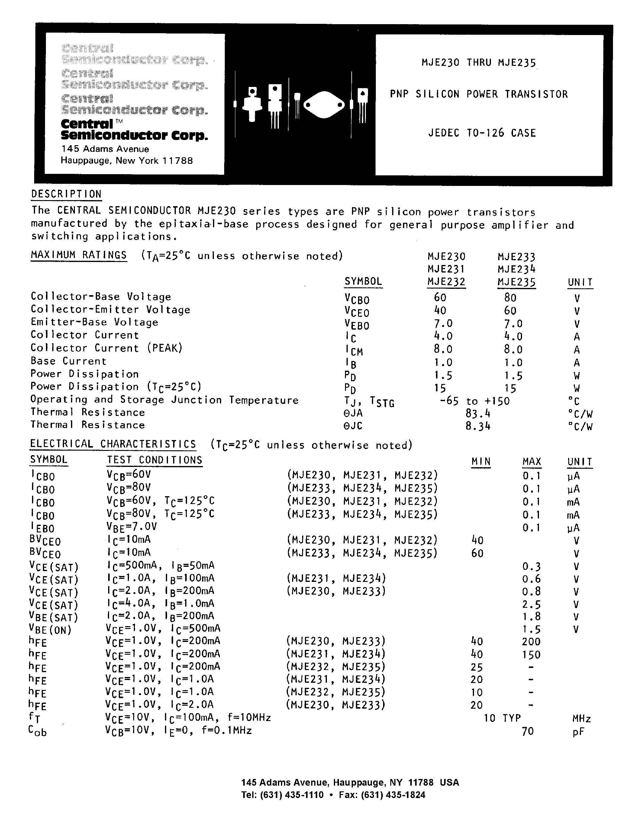 Даташит MJE231 - PNP SILICON POWER TRANSISTOR страница 1