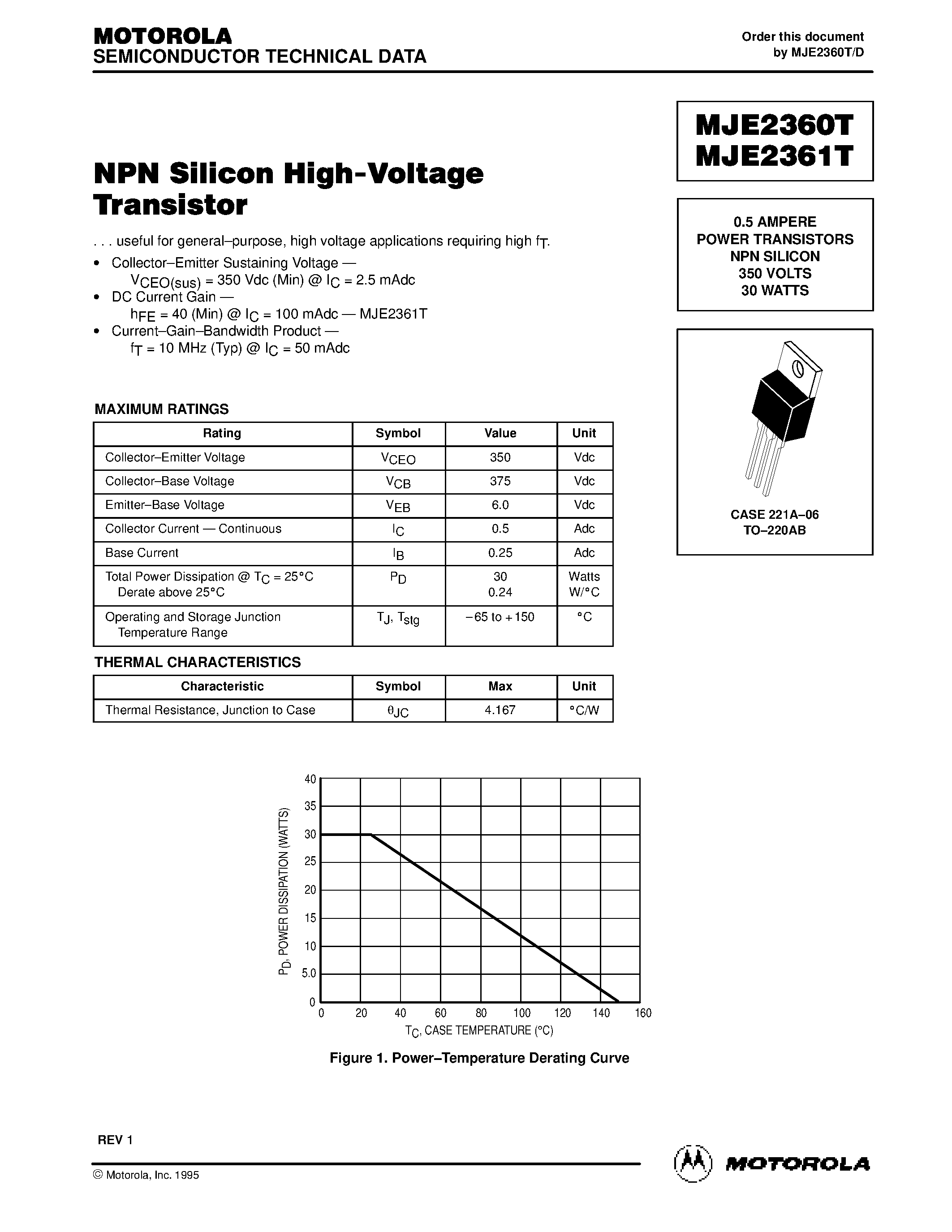 Даташит MJE2360T - 0.5 AMPERE POWER TRANSISTORS NPN SILICON 350 VOLTS 30 WATTS страница 1