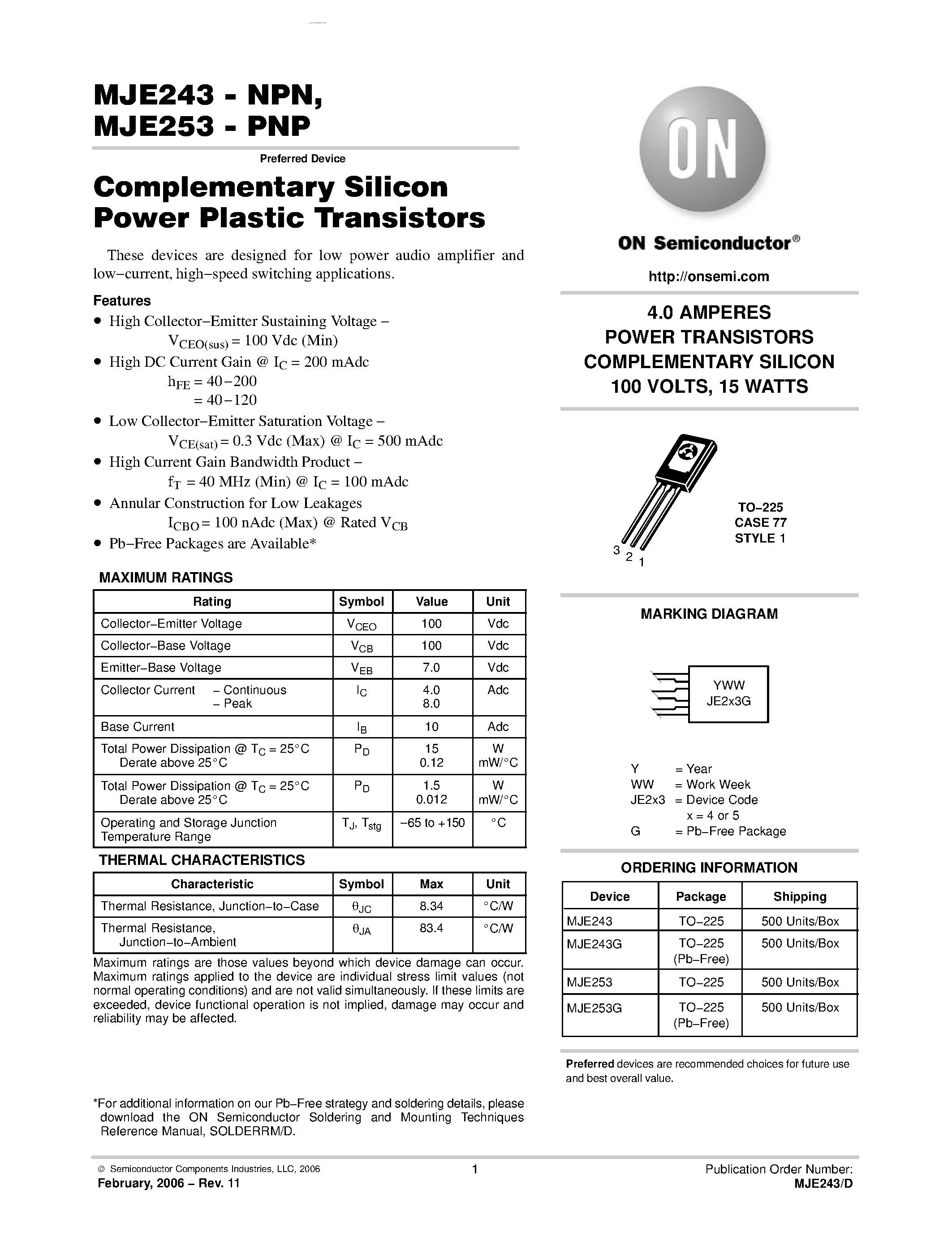 Даташит MJE253 - POWER TRANSISTORS COMPLEMENTARY SILICON страница 1