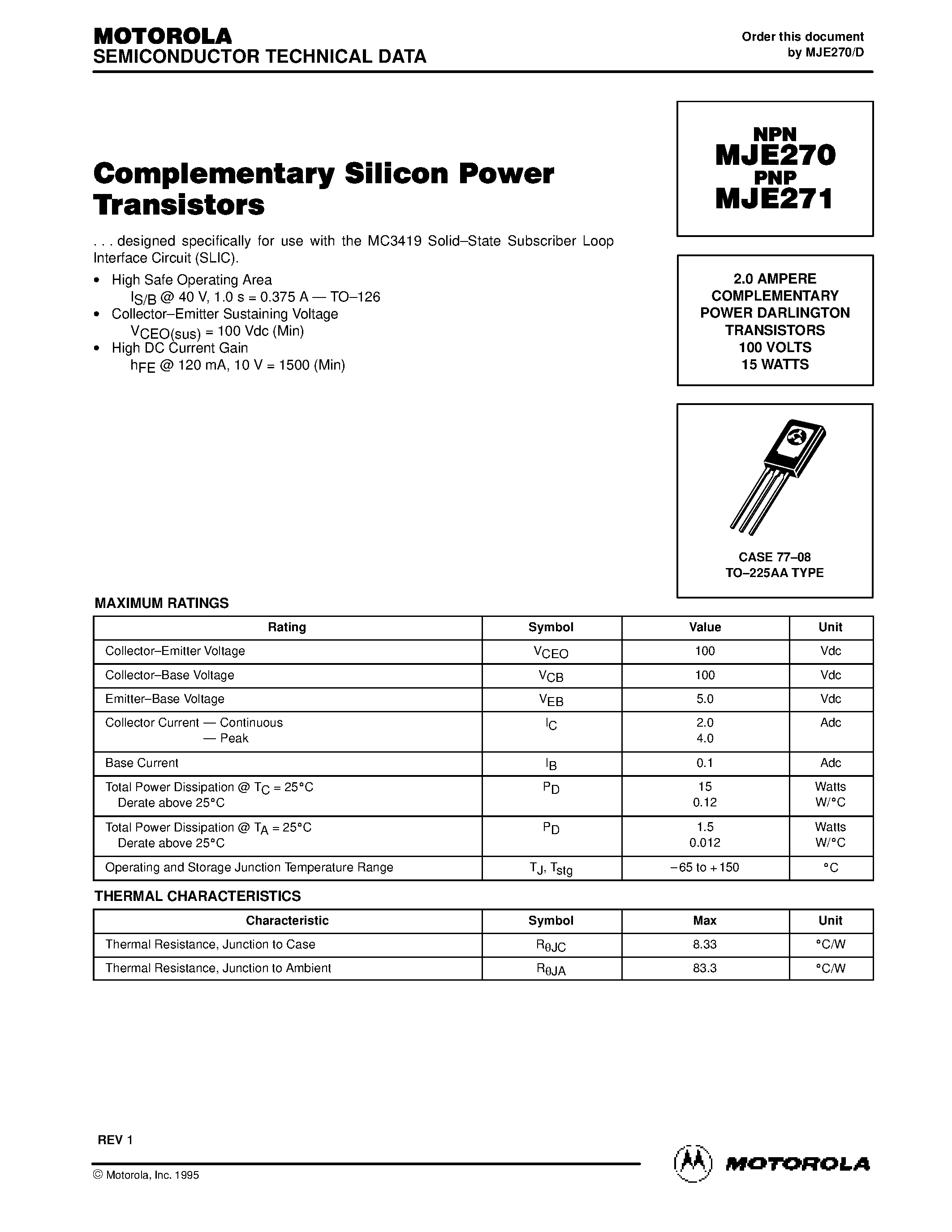 Даташит MJE270 - 2.0 AMPERE COMPLEMENTARY POWER DARLINGTON TRANSISTORS 100 VOLTS 15 WATTS страница 1