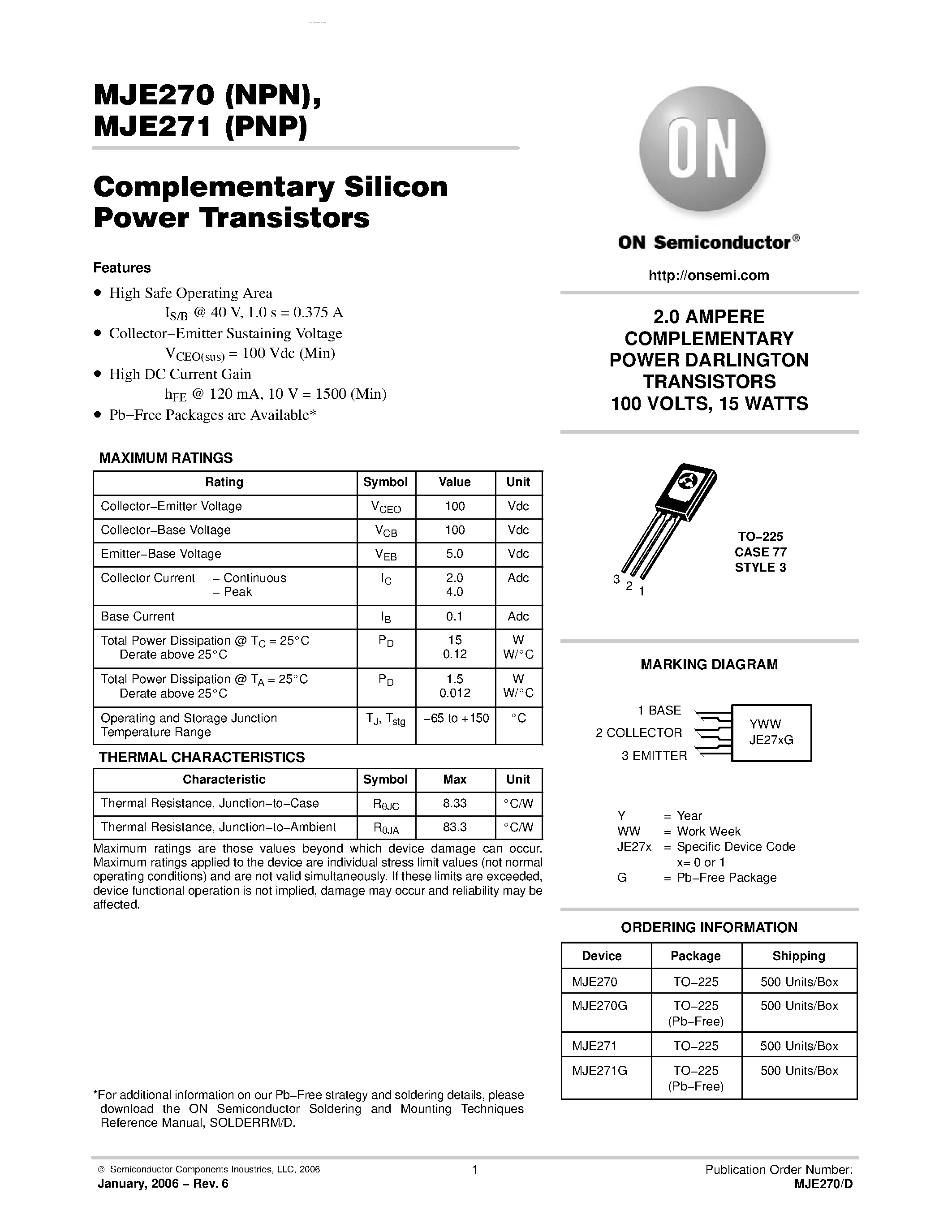 Даташит MJE270 - COMPLEMENTARY POWER DARLINGTON TRANSISTORS страница 1