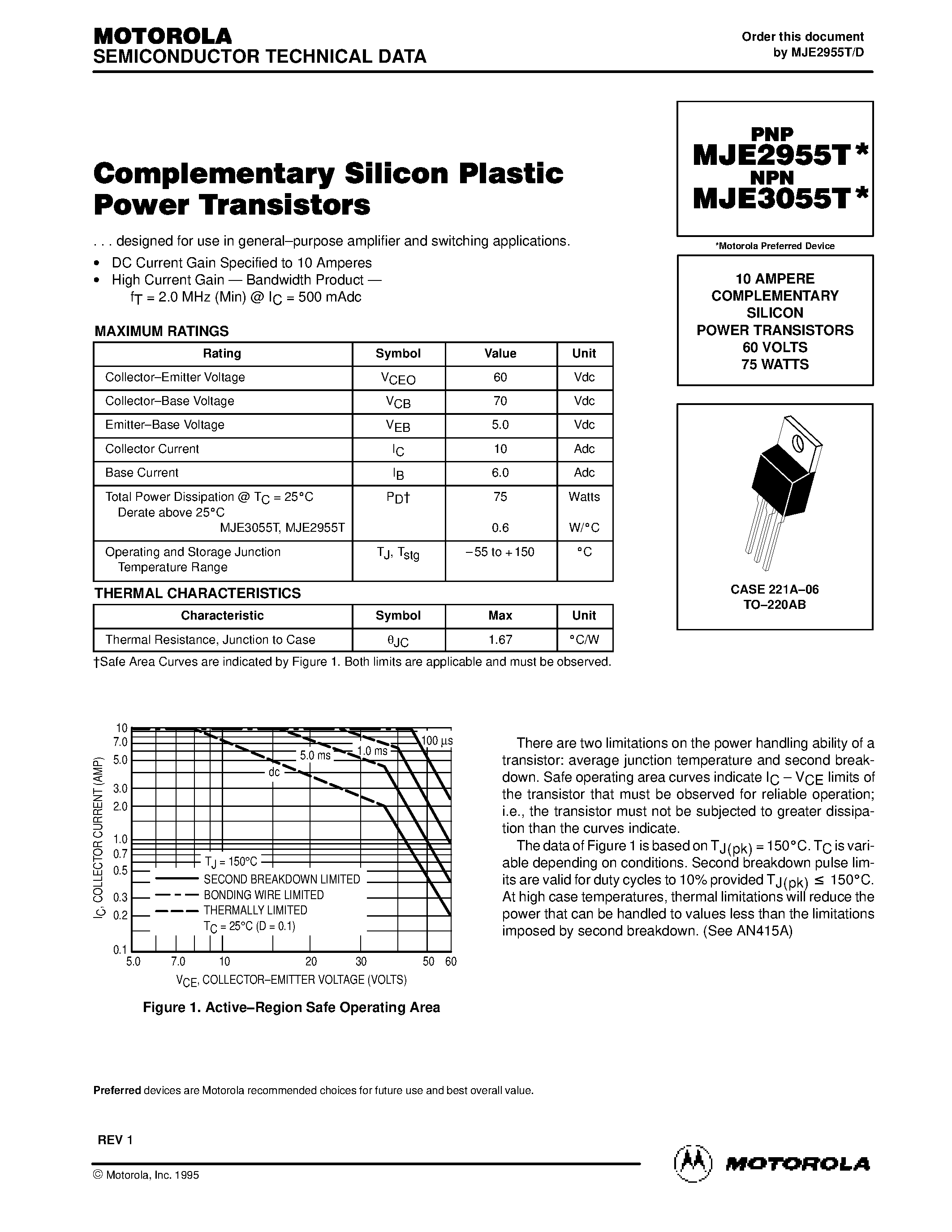 Даташит MJE2955T - 10 AMPERE COMPLEMENTARY SILICON POWER TRANSISTORS 60 VOLTS 75 WATTS страница 1