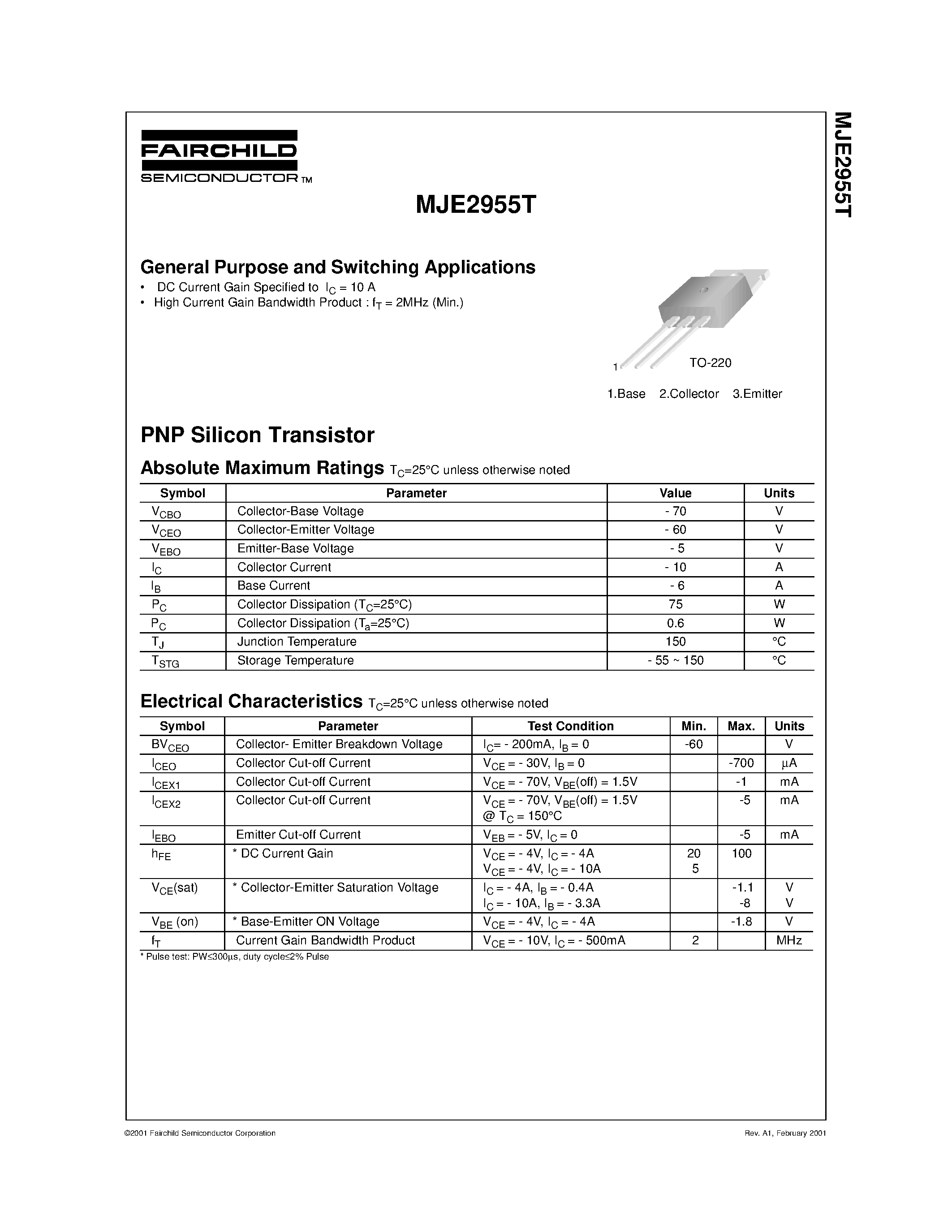 Даташит MJE2955T - General Purpose and Switching Applications страница 1